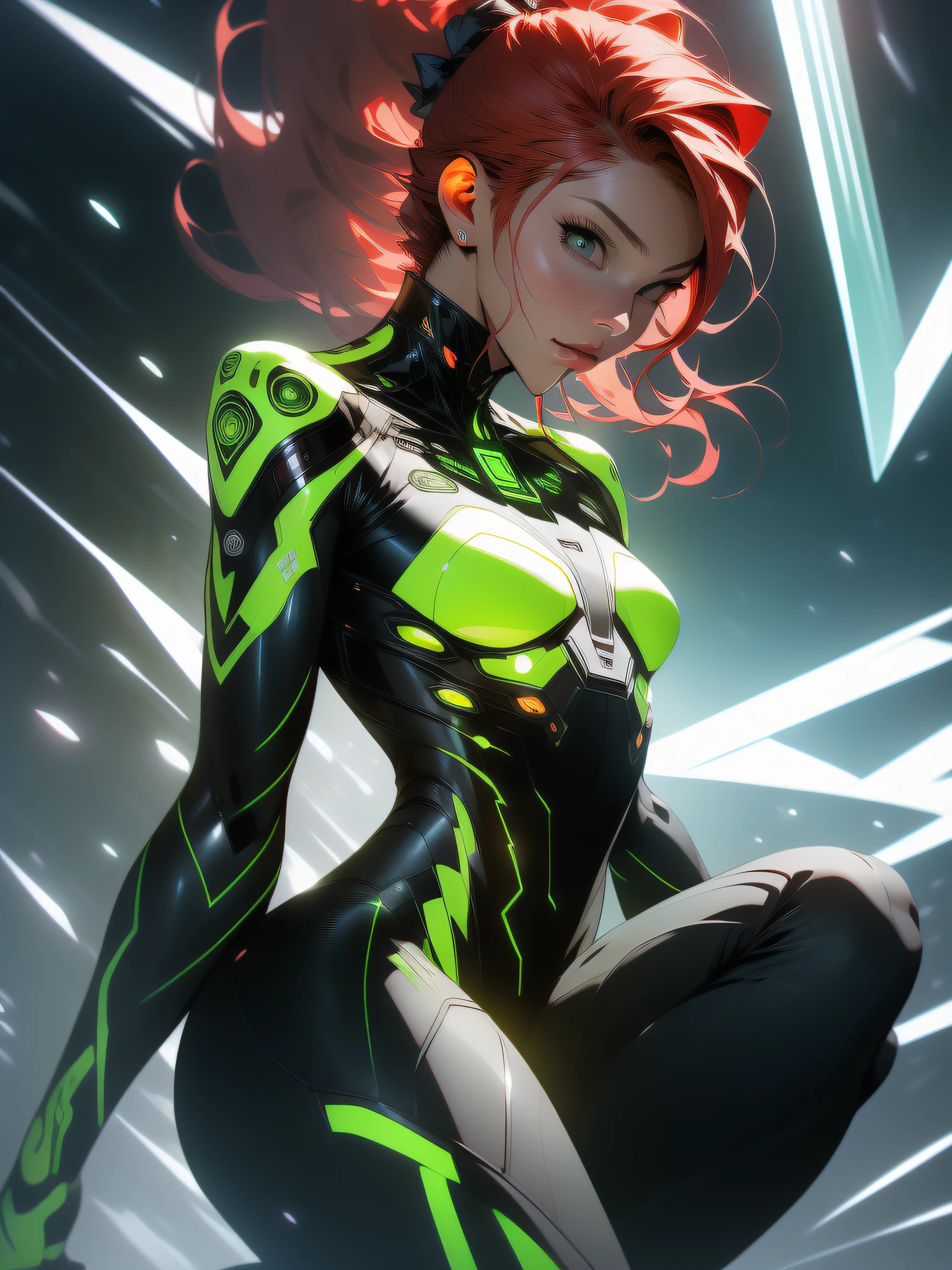 ((Best quality)), ((masterpiece)), (detailed: 1.4), (Absurd), Hot Latin woman fighter pilot ready for war, dark skin, lightning and lightning, muscular sculptural body defined, (((full body)))), bare half-thick thighs, closed mouth, muscular body covered in green technological clothing, Neon Genesis Evangelion style, cyberpunk, generous neckline, ((perfect small breasts)), (black eyes without pupils), ((totally green outfit with white rays)),  (((short straight dark red hair with ponytail)))), long black eyelashes heavy makeup, garter belt, by mucha, niji --V5, close to real, psychopath, crazy face, sexy pose, red and white background, 2 piece clothing, pastel, centered, scale to fit dimensions, HDR (High Dynamic Range),Ray Tracing,NVIDIA RTX,Super-Resolution,Unreal 5,Subsurface dispersion,  PBR Texture, Post-processing, Anisotropic filtering, Depth of field, Maximum clarity and sharpness, Multilayer textures, Albedo and specular maps, Surface shading, Accurate simulation of light-material interaction, Perfect proportions, Octane Render, Two-tone lighting, Wide aperture, Low ISO, White balance, Rule of thirds, 8K RAW, crysisnanosuit