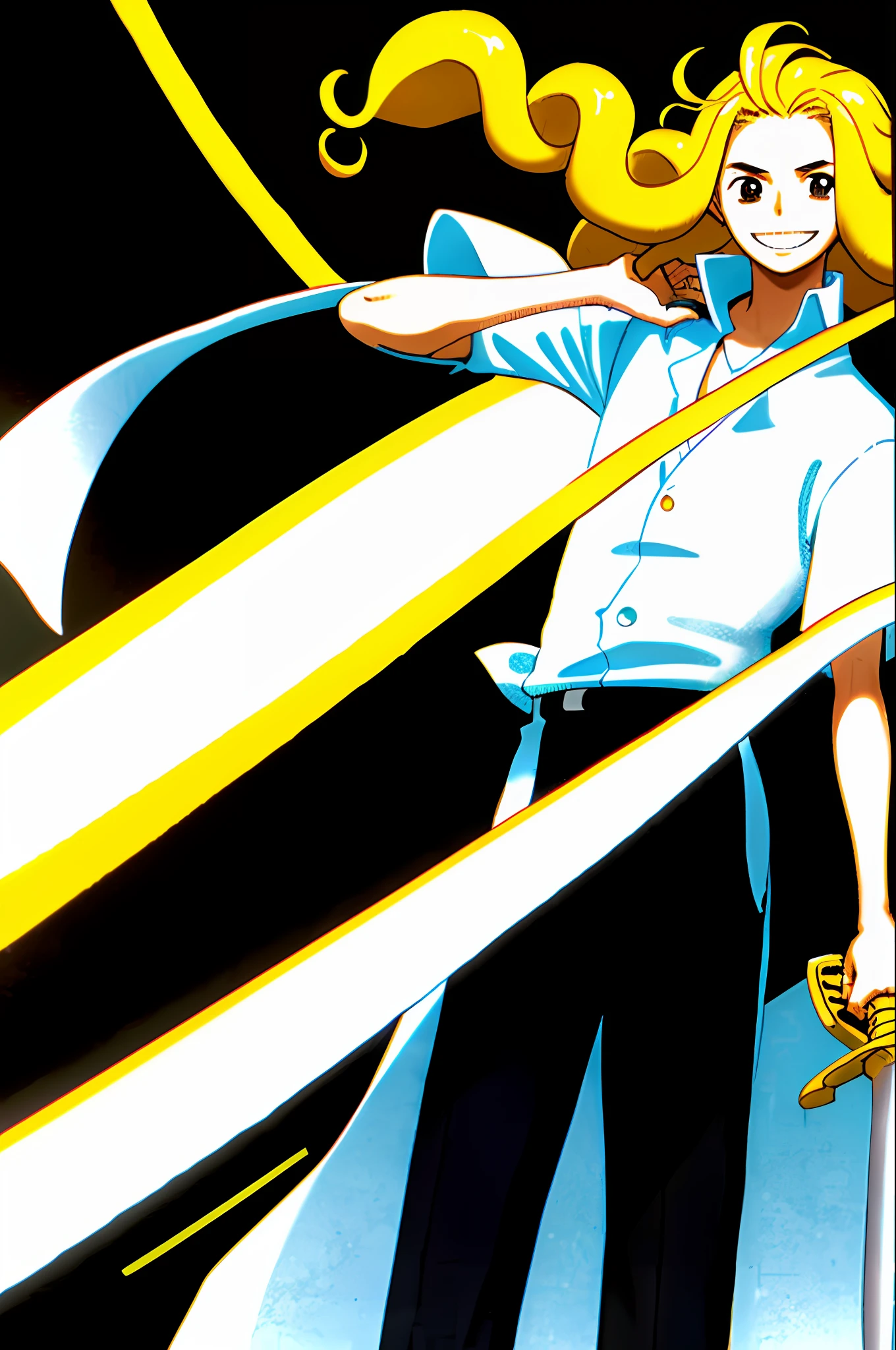 1boy, Oda Eiichirou, solo, ((best quality)), 18 years old, neon lemon hair, long curly hair, athletic body, white dress shirt, closed dress shirt, black pants, long sword in one hand, brown eyes, smiling, gentle eyes