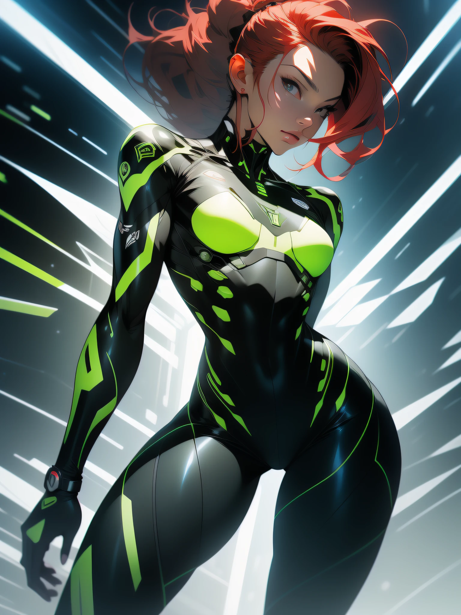 ((Best quality)), ((masterpiece)), (detailed: 1.4), (Absurd), Hot Latina woman fighter pilot ready for war, dark skin, lightning and lightning, muscular sculptural body defined, Wolverine mask, (((full body)))), half-thick bare thighs, closed mouth, muscular body covered in green tech clothing, Neon Genesis Evangelion style, cyberpunk, generous neckline, ((perfect small breasts)), (black eyes without pupils), ((totally green clothing with white rays)), (((short straight dark red hair with ponytail)))), long and black eyelashes heavy makeup, garter belt, by mucha, niji --V5, close to real, psychopath, crazy face, sexy pose, red and white background, 2 piece clothing, pastel, centered, scale to fit dimensions, HDR (High Dynamic Range),Ray Tracing, NVIDIA RTX,Super-Resolution,Unreal 5,Subsurface Dispersion, PBR Texture, Post-processing, Anisotropic filtering, Depth of field, Maximum clarity and sharpness, Multilayer textures, Albedo and specular maps, Surface shading, Accurate simulation of light-material interaction, Perfect proportions, Octane Render, Two-tone lighting, Wide aperture, Low ISO, White balance, Rule of thirds, 8K RAW, crysisnanosuit