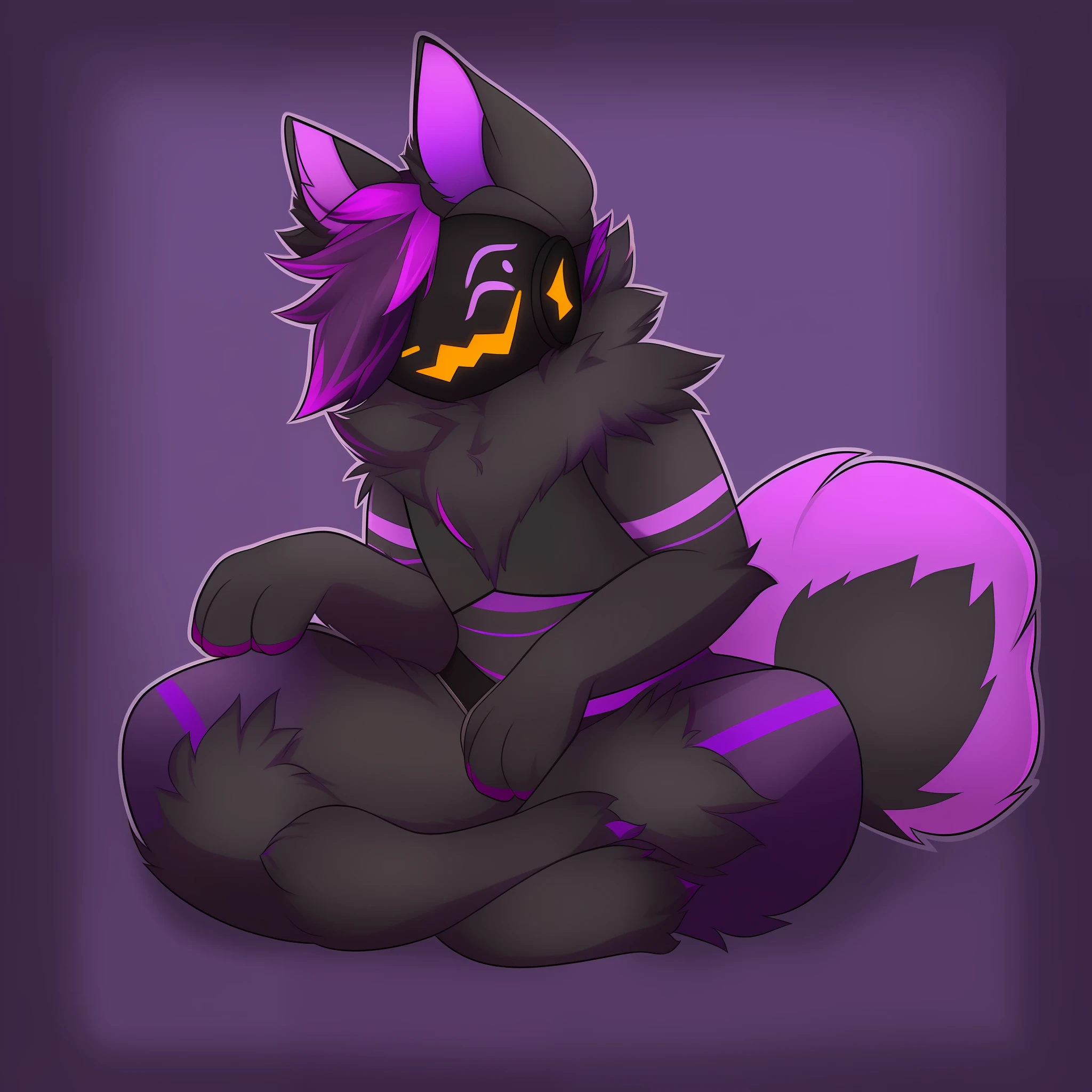 "(High quality), artistic, by Flowfell21 thin male solo protogen, paws instead of hands, four fingers, (dark gray body: 1.2), fluffy, ((purple fur highlights: 1.05), (happy and content) "