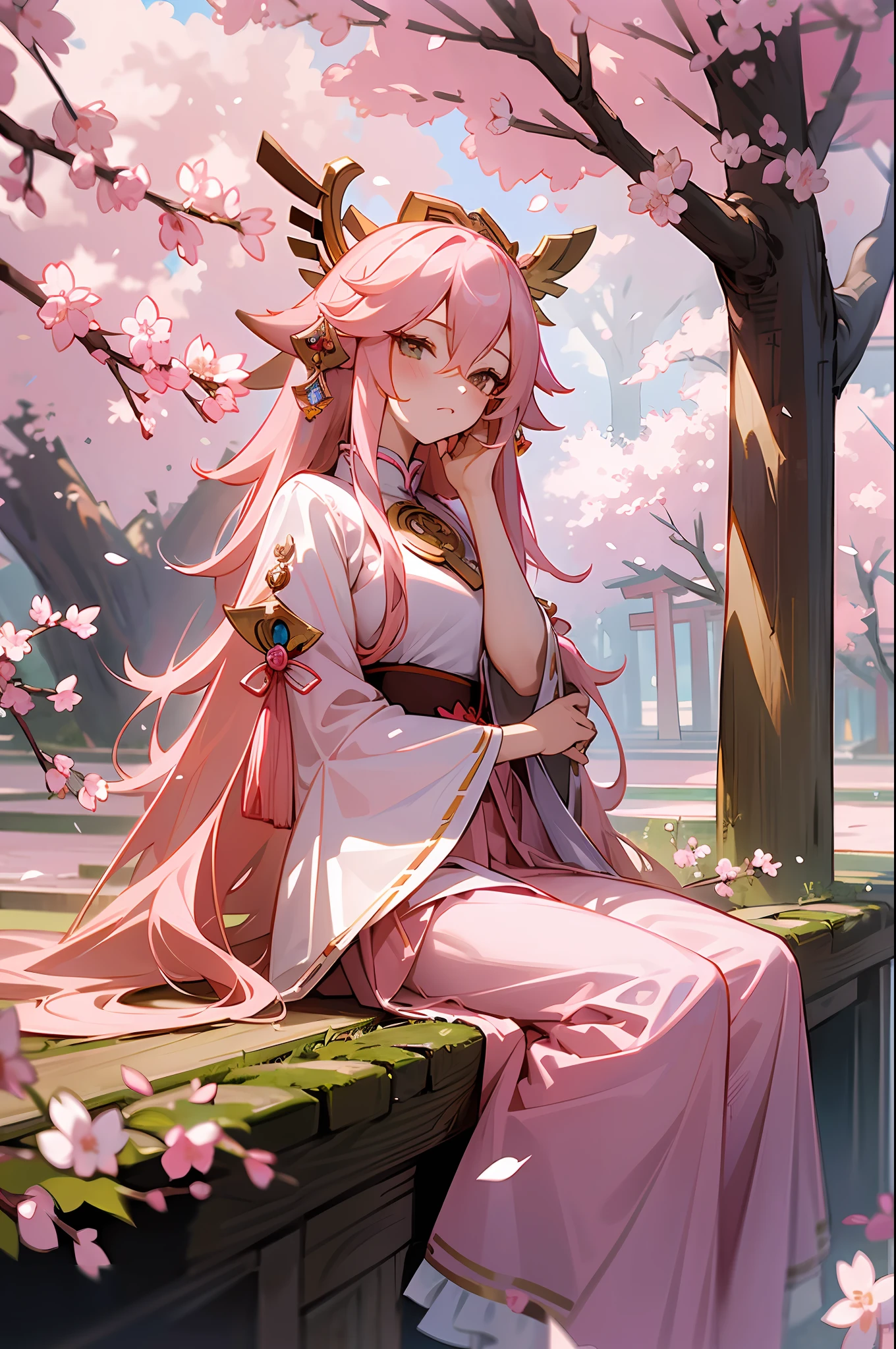 Best Masterpiece 1:1, High Detail, Full Body, A Girl, Pink Hair, Fox Ears, Lop Ears, Delicate Hair Accessories, Hand Tent, Super Long Hair, Hair Tied Up, Simple Background, Pink Long Sleeves, Long Skirt, White, Witch Dress, Delicate Details, Cherry Blossoms, Torii, Pond, Yae Miko --auto --s2