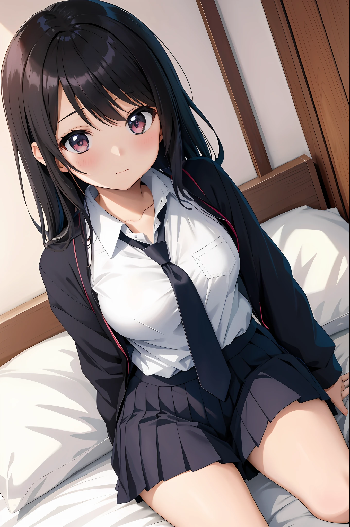 Anime girl in a school uniform sitting on a bed - SeaArt AI