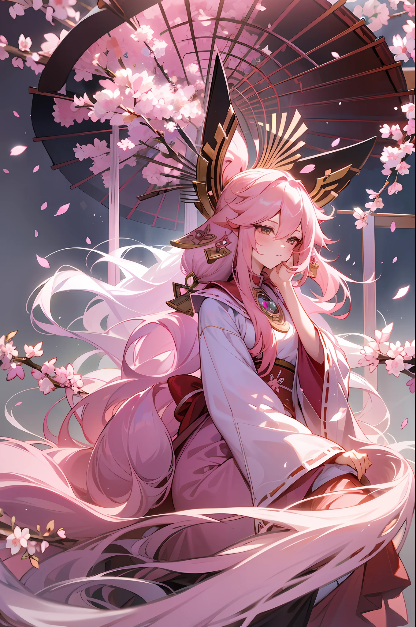 Best Masterpiece 1:1, High Detail, Full Body, A Girl, Pink Hair, Fox Ears, Lop Ears, Delicate Hair Accessories, Hand Tent, Super Long Hair, Hair Tied Up, Simple Background, Pink Long Sleeves, Long Skirt, White, Witch Dress, Delicate Details, Cherry Blossoms, Torii, Pond, Yae Miko --auto --s2