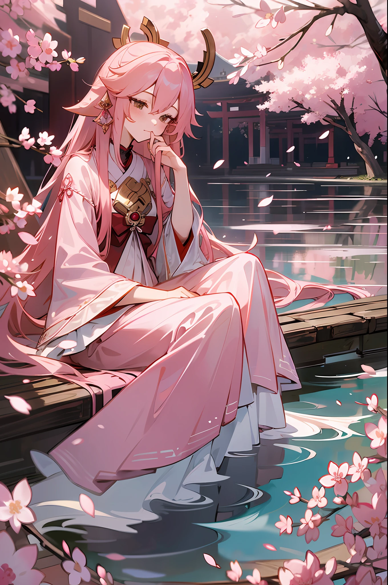 Best Masterpiece 1:1, High Detail, Full Body, A Girl, Pink Hair, Fox Ears, Lop Ears, Delicate Hair Accessories, Hand Tent, Super Long Hair, Hair Tied Up, Simple Background, Pink Long Sleeves, Long Skirt, White, Witch Dress, Delicate Details, Cherry Blossoms, Torii, Pond, Yae Miko --auto --s2