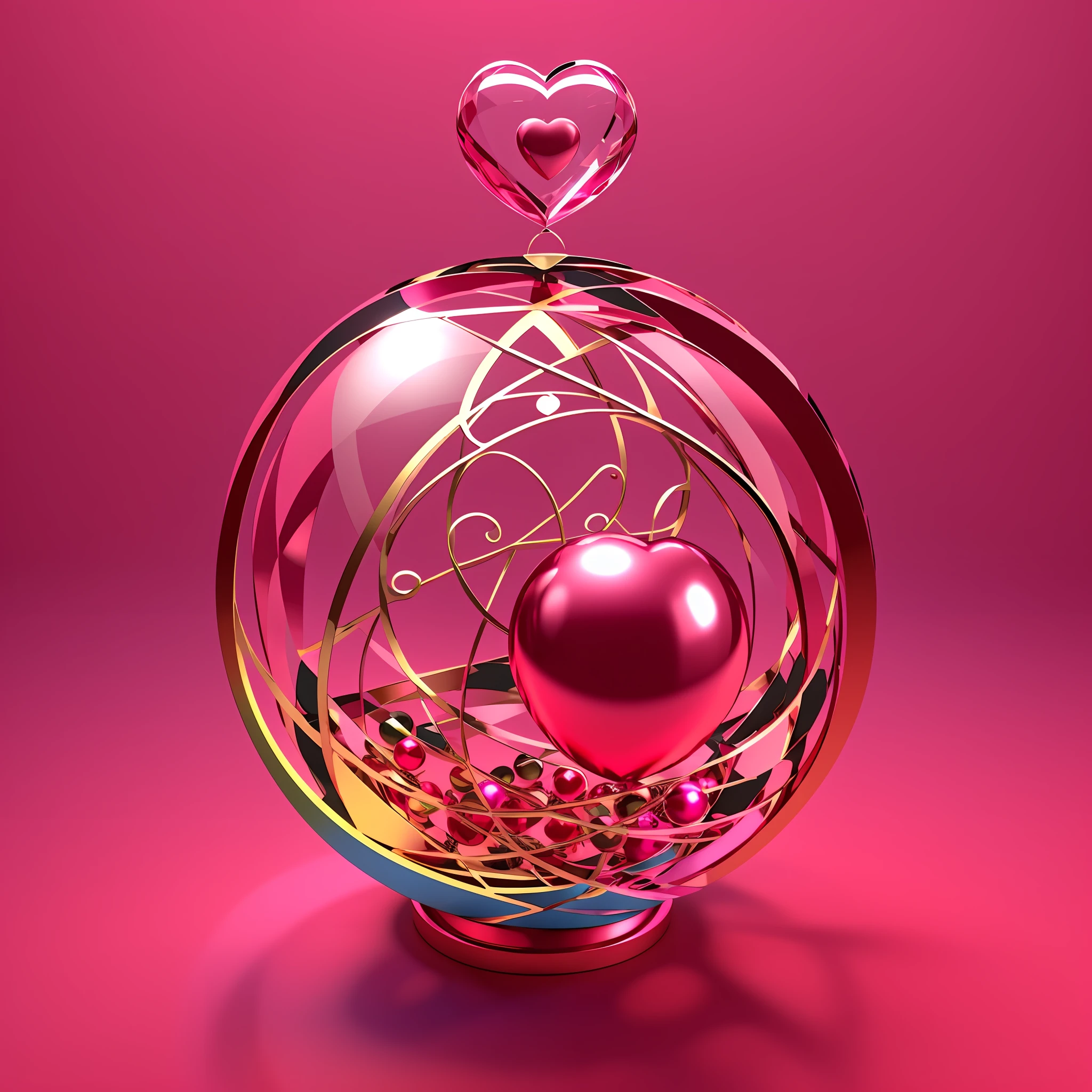 Multicolored Sphere Love Heart. Pink, Red Glass and Red Metallic Spheres arranged in a heart shape. 3D Render with copy-space --auto --s2