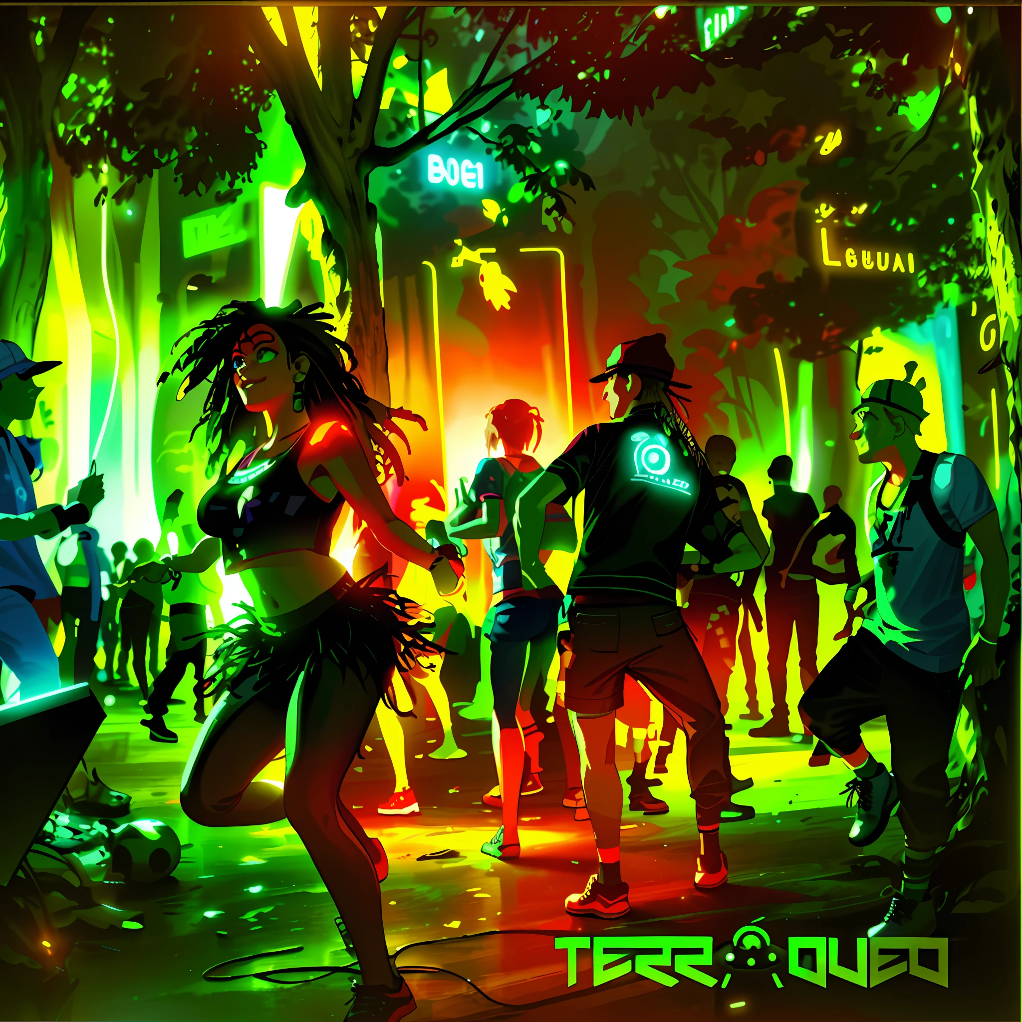 a close up of a group of people dancing in a forest, outdoor rave, technouveau, “house music rave with dancers, techno party, techno artwork, album art, official artwork, poster of a techno night, rave party, album art for a trance dj, techno music, wonderfull techno party, music album cover, photograph of three ravers