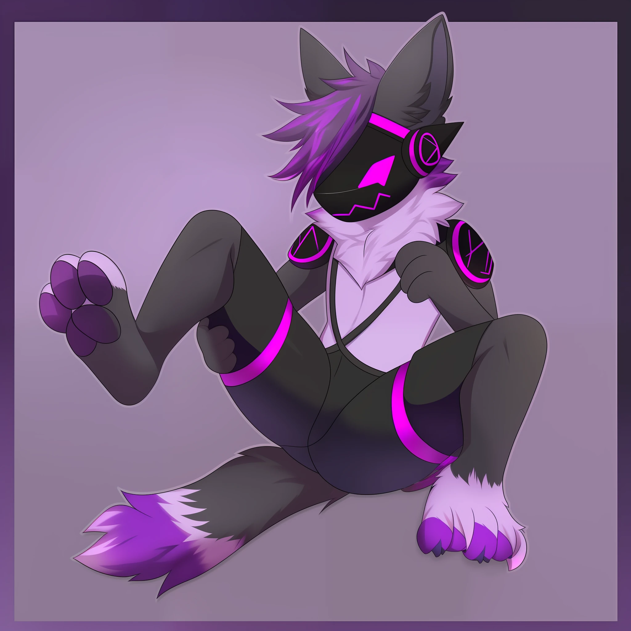 , by Flowfell21 thin male solo protogen, paws instead of hands, four fingers, (dark gray body: 1.2), fluffy, ((purple fur highlights: 1.05)