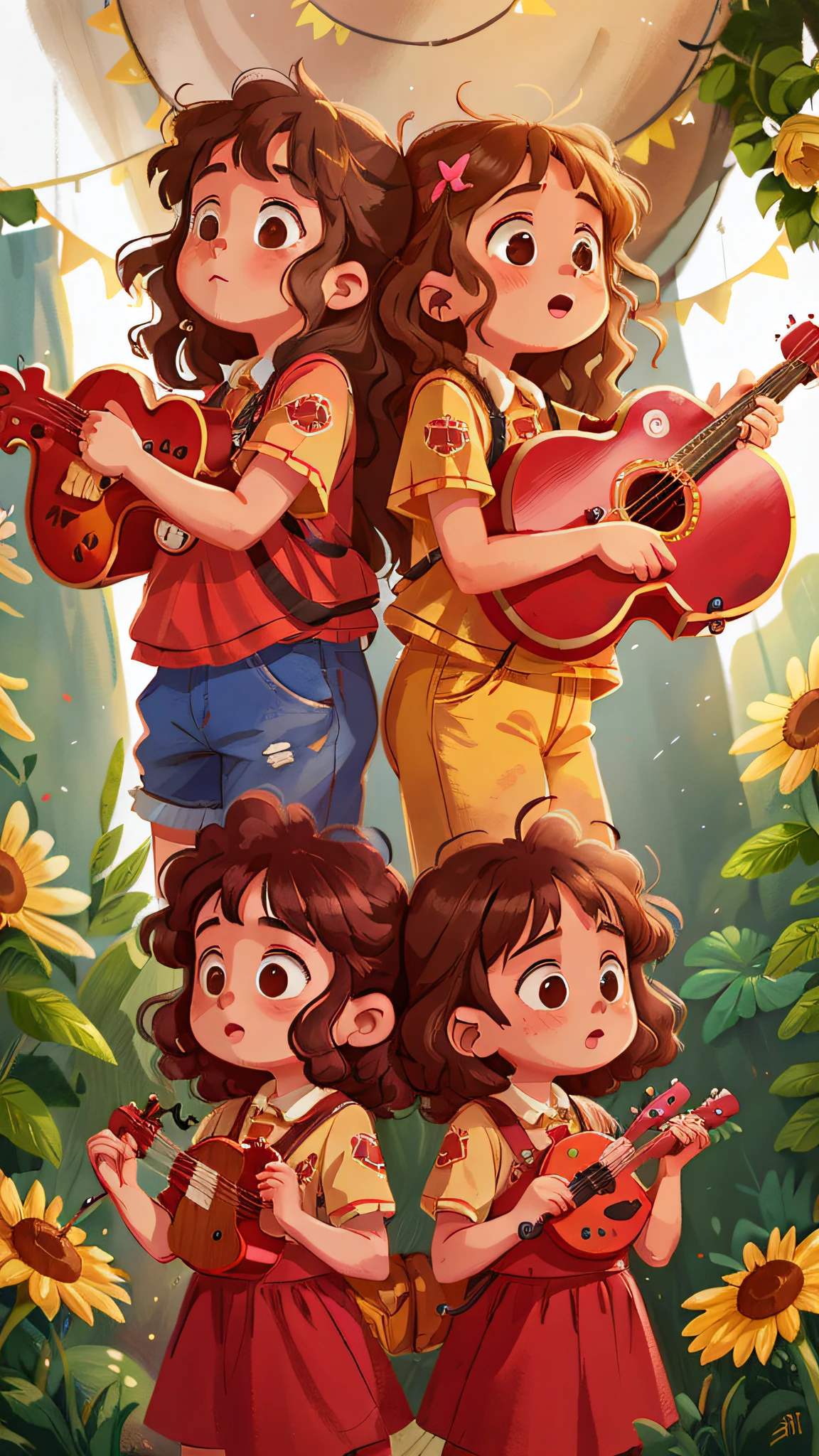 Two girls, twins, curly brown hair, playing musical instruments