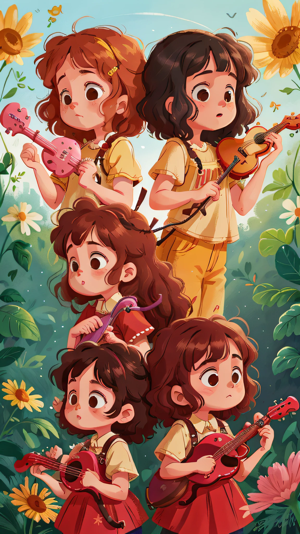 Two girls, twins, curly brown hair, playing musical instruments