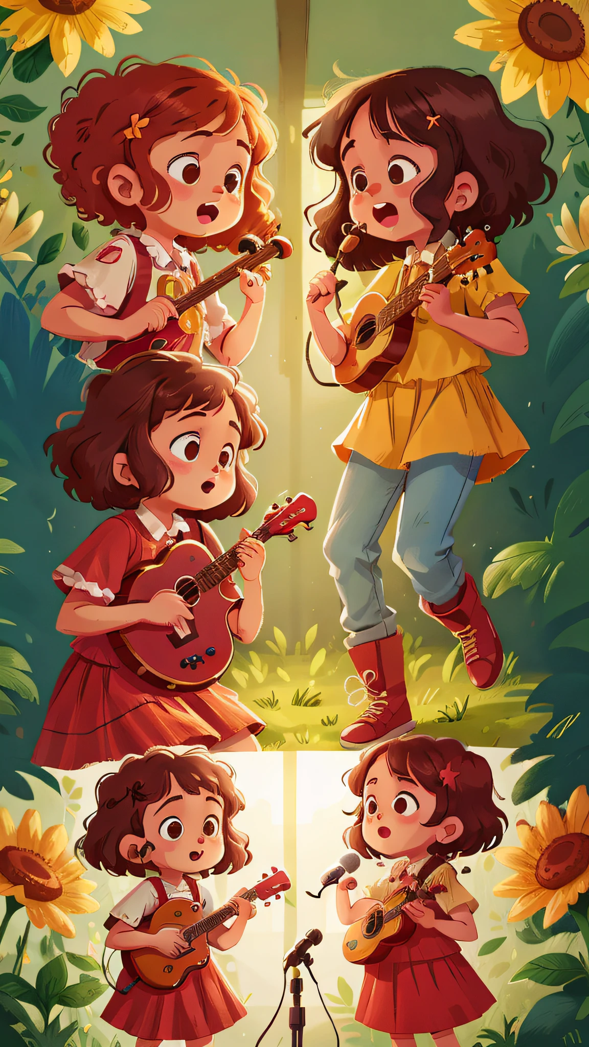 Two girls, twins, curly brown hair, playing musical instruments