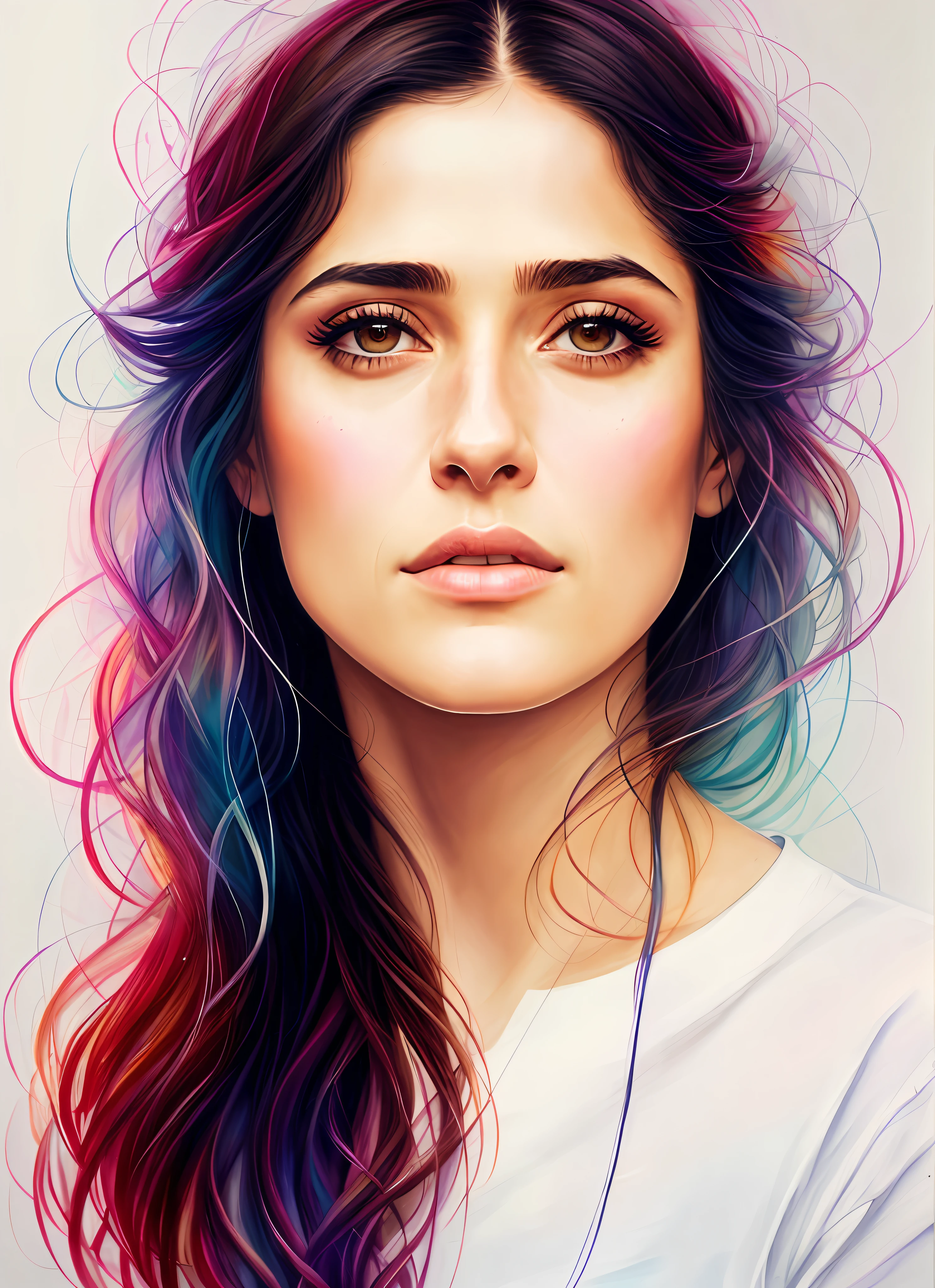 a painting by mse Salma Hayek of agnes cecile, similar face, faithful copy, identical drawing, perfect face, luminous drawing, pastel colors, ink drips, autumn lights, perfect, symmetrical, perfect eyes, perfect anatomy