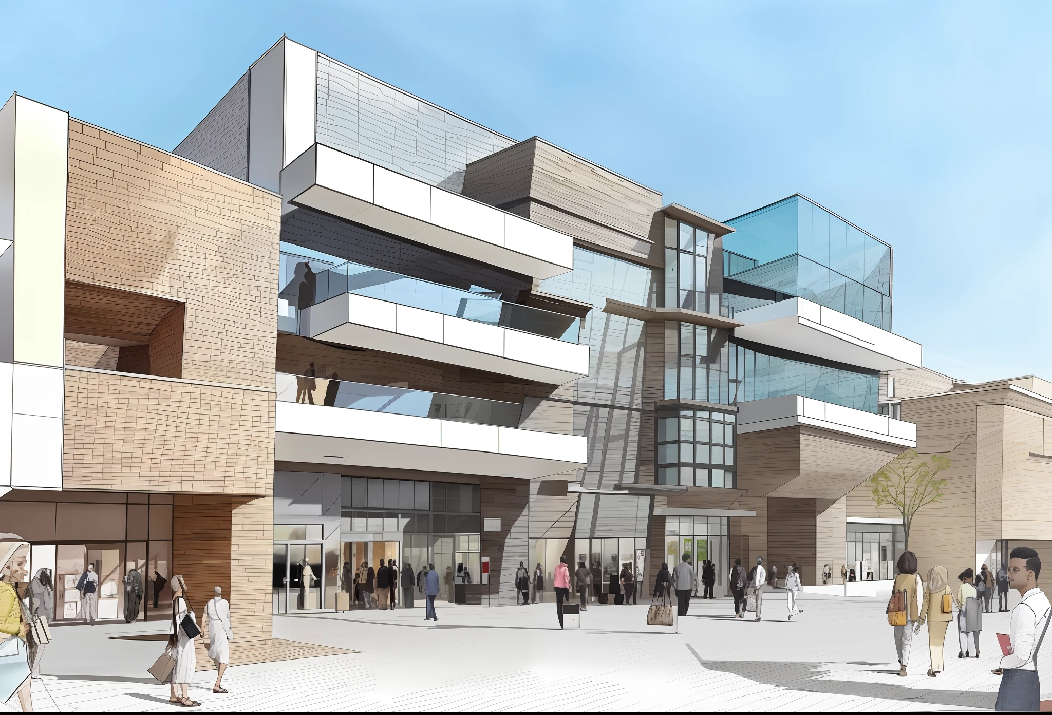 Modern shoppingmall,handsketch,Marker architectural illustration ,outside,shoppingmall facade, with glass and woods, blank sky, white background, clear sky, sudan, desert sand