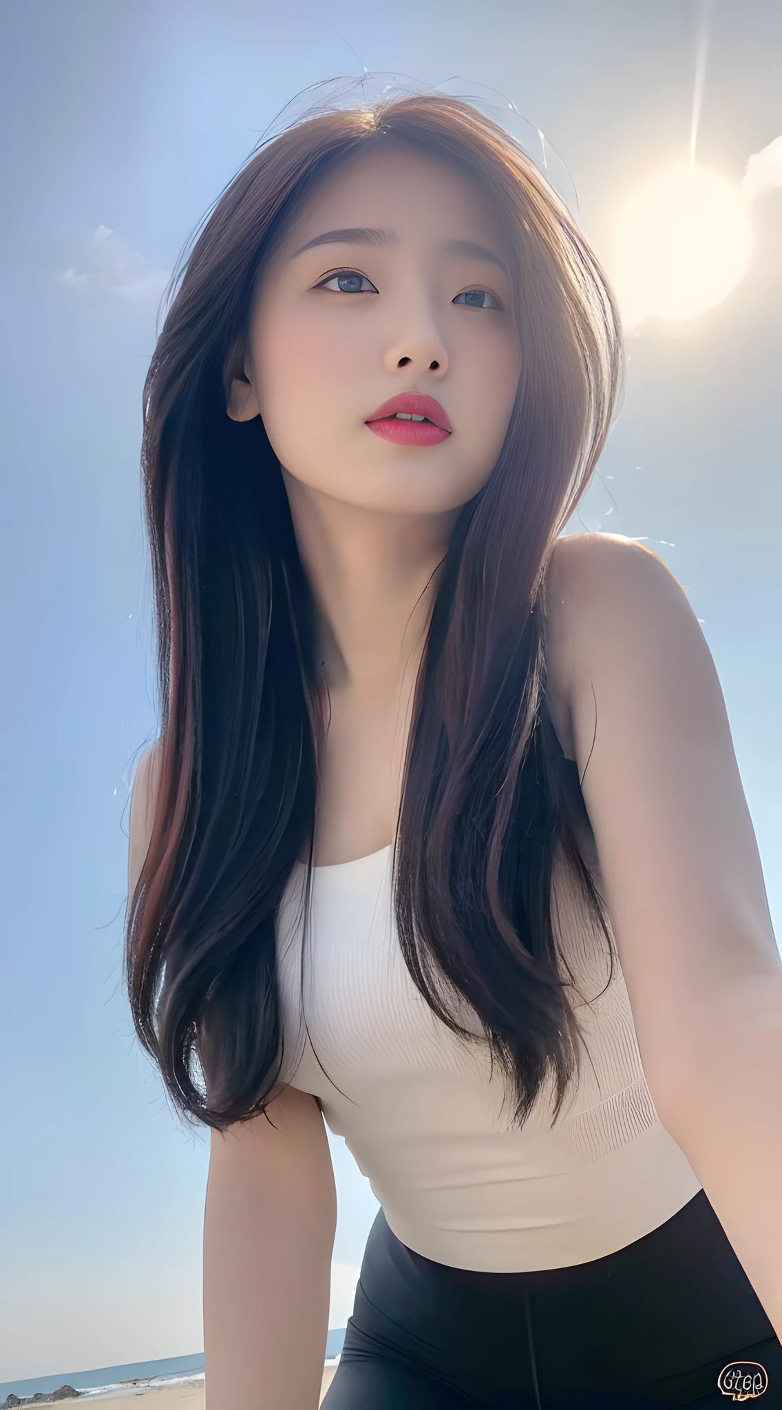 ((Best Quality, 8K, Masterpiece:1.3)), A beautiful girl, pure, melon face, gentle and cute, slightly chubby, partial head, ((long solid color top, yoga pants)), black fluffy long hair, round black big eyes, clear big eyes, moist red lips, sweet, standing, blue sky and white clouds, sunshine, beach background,