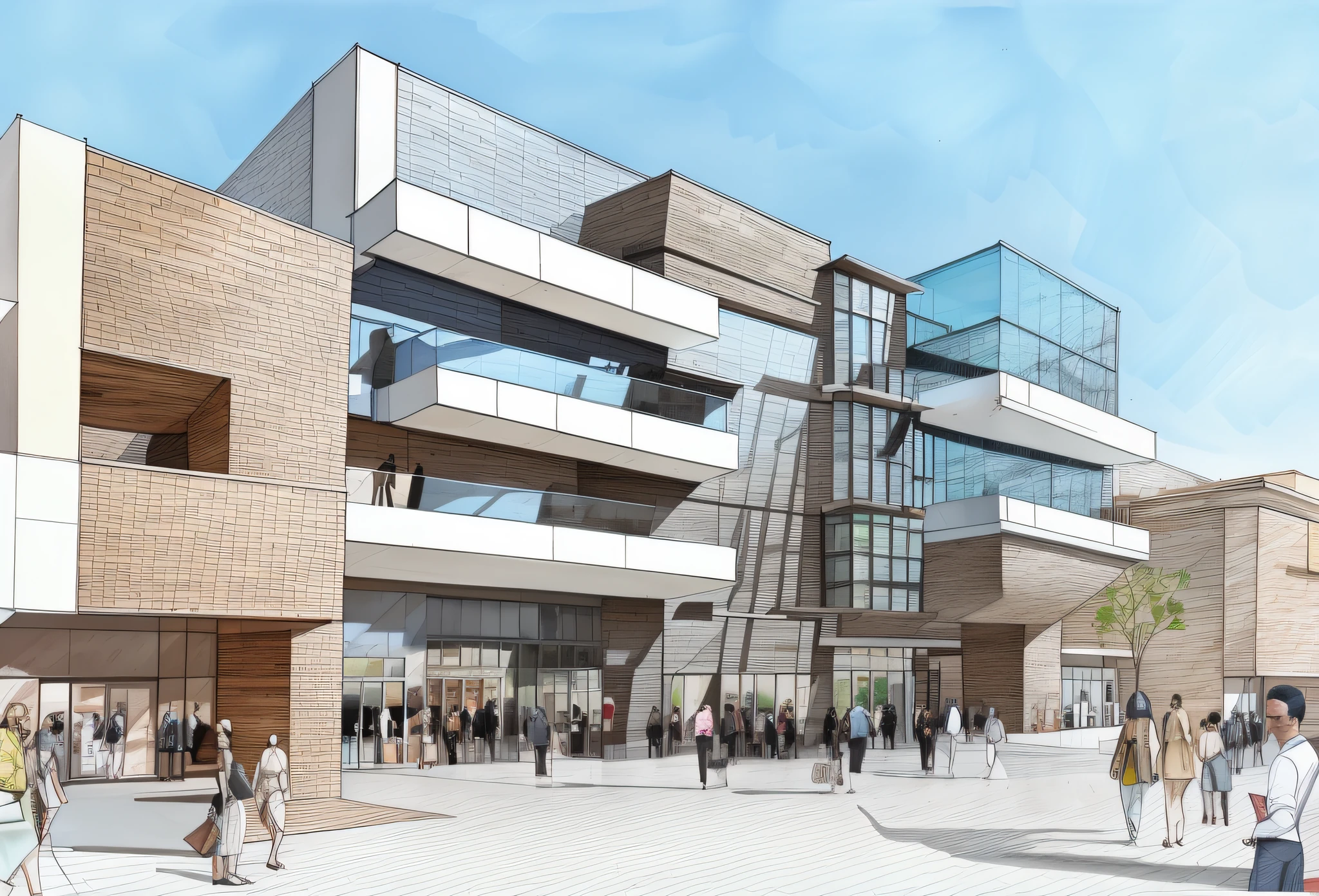 Modern shoppingmall,handsketch,Marker architectural illustration ,outside,shoppingmall facade, with glass and woods, blank sky, white background, clear sky, sudan, desert sand