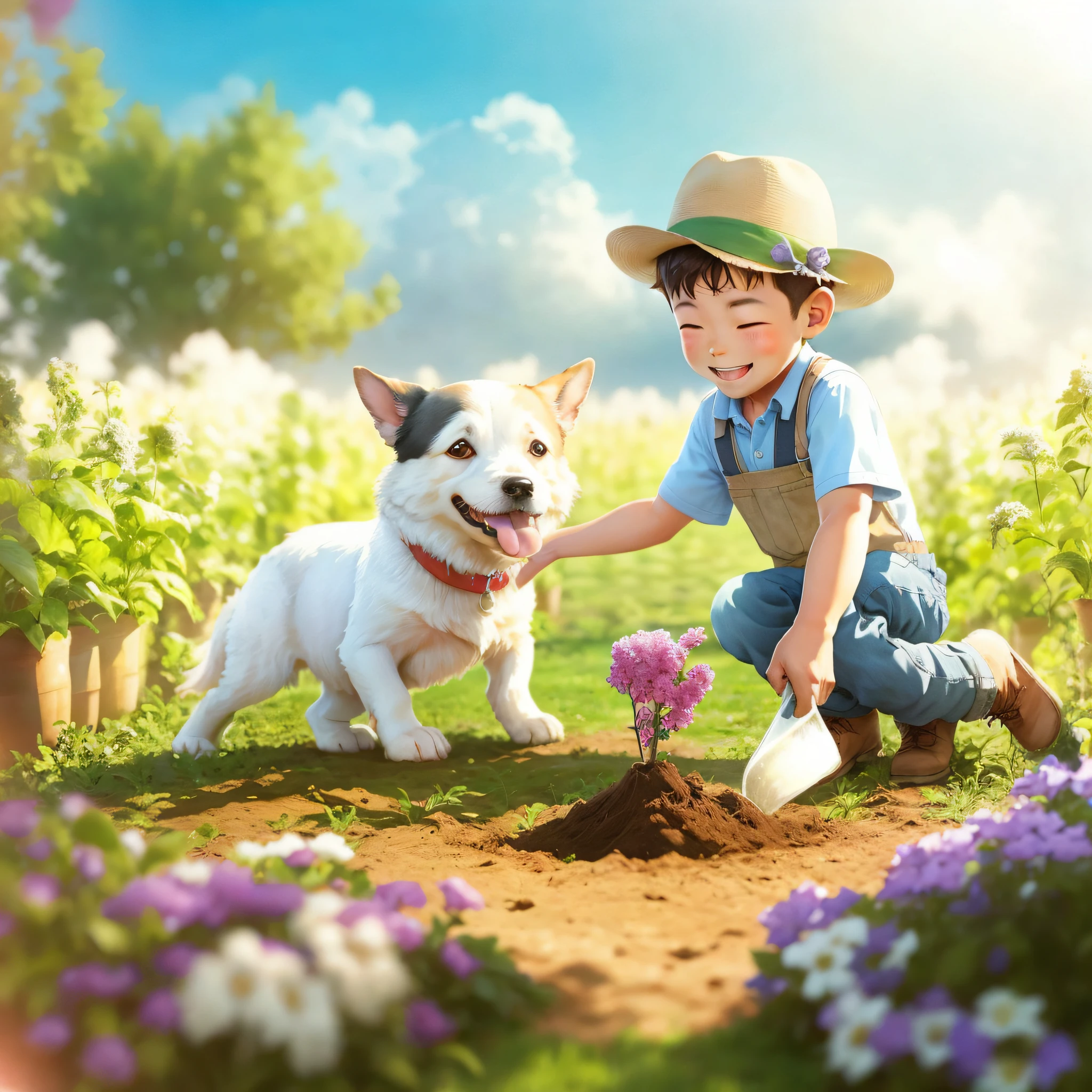 A handsome farmer boy planting along with his cute dog on a sunny day.
