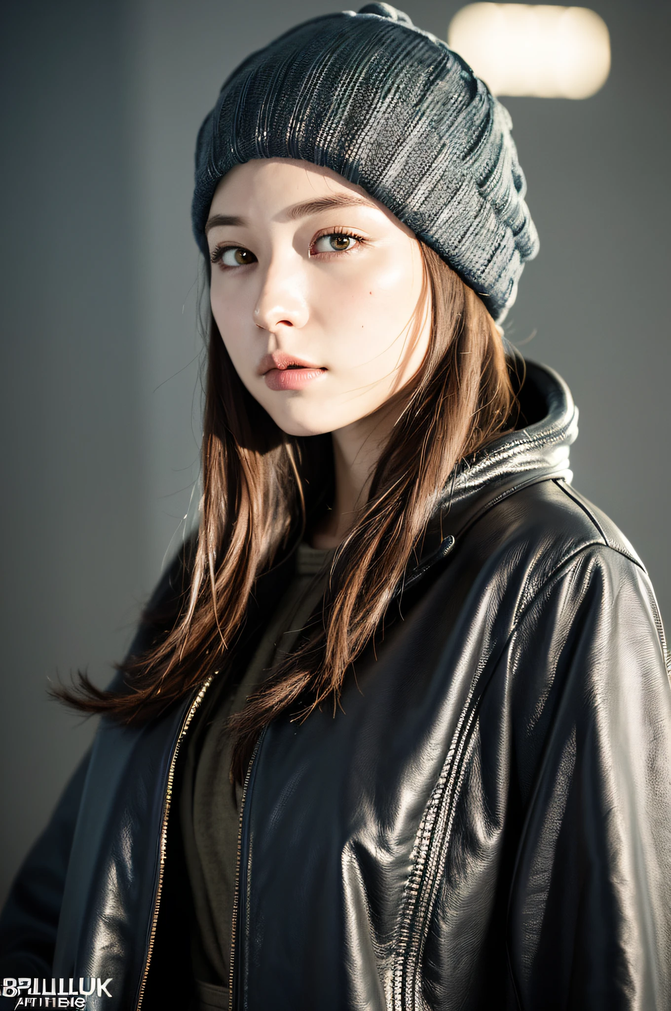 (
(8k:1.27), best quality, masterpiece, ultra highres:1.2) Photo of Pretty Japanese woman
 (beautiful:1.1) (sci-fi warrior woman:1.1) space soldier, (beanie:1.61) (leather jacket:1.21) intricate elegant, fantasy, detailed, ometric by greg rutkowski and alphonse mucha, gradient lighting