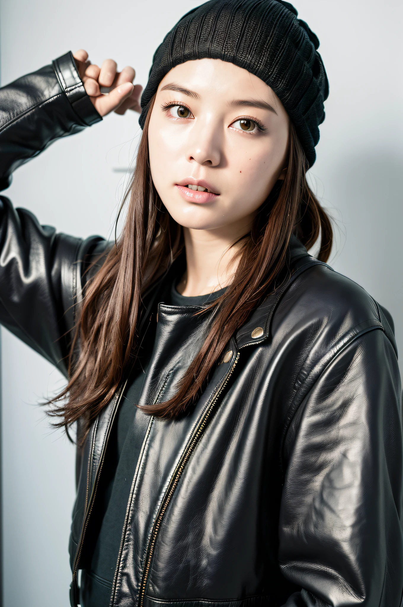 (
(8k:1.27), best quality, masterpiece, ultra highres:1.2) Photo of Pretty Japanese woman
(beautiful:1.1) (sci-fi warrior woman:1.1) space soldier, (beanie:1.61) (leather jacket:1.21) intricate elegant, fantasy, detailed, ometric by greg rutkowski and alphonse mucha, gradient lighting