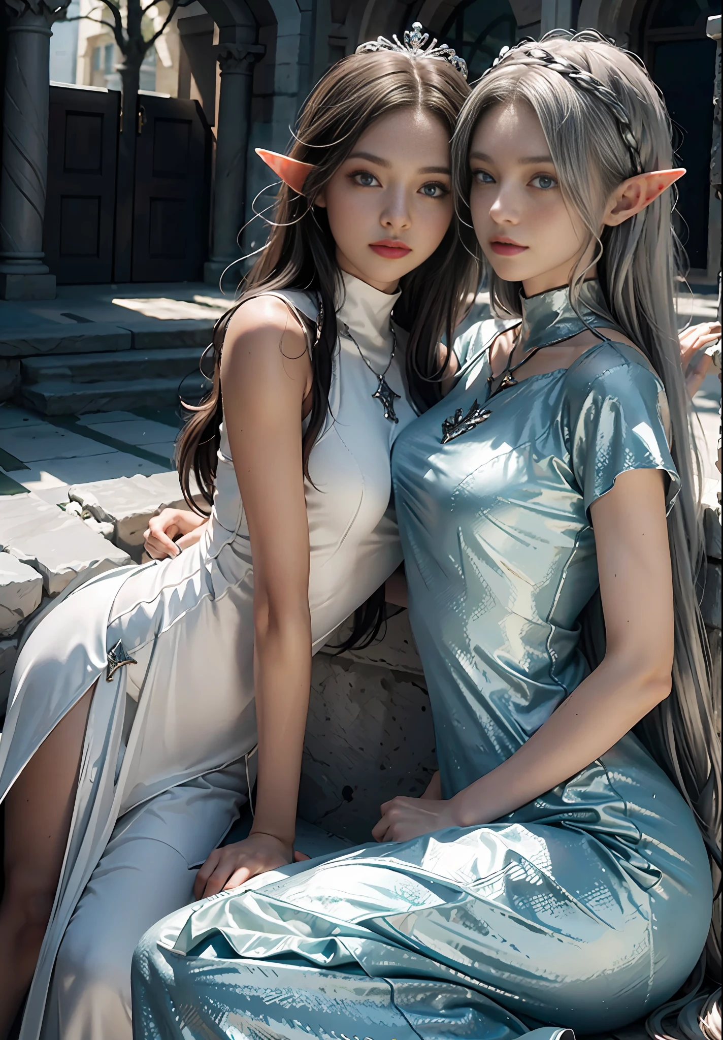 Best Quality, Masterpiece, Ultra High Resolution, (Realisticity: 1.4), Original Photo, (2girls), Duo, Cinematic Lighting, Greek Style Square, Sunlight, Tyndall Effect, Elf Maiden and Elf Queen, 12 & 28 Years Old, Silver Crown, Elf Long Ears, Silver Gradient Hair, Ice Blue Eyes, Big Cute Eyes, Extreme Light and Shadow, White Long Dress,