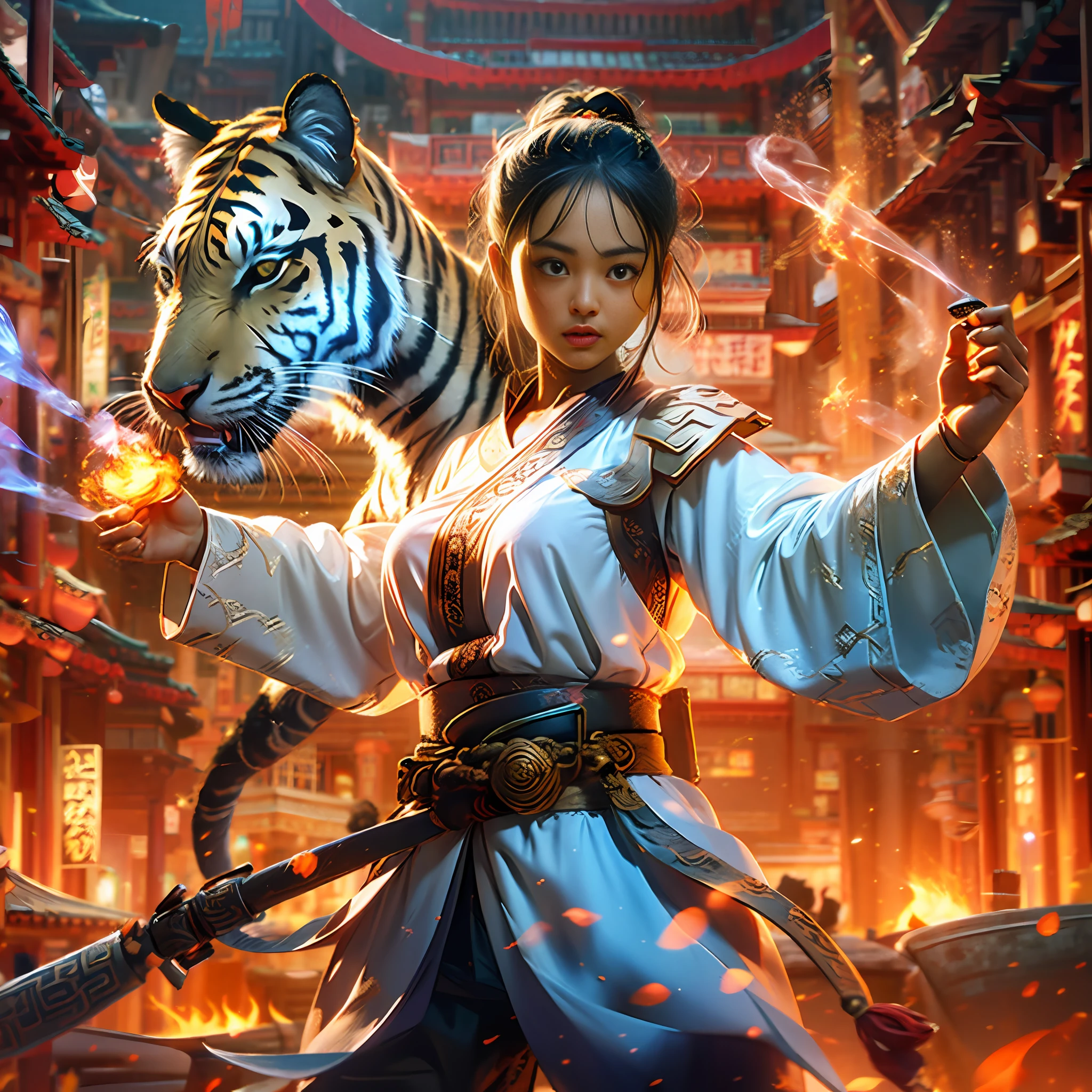 1girle, Ancient Chinese swordsman, Swords, There is a fire effect on the sword, A tiger phantom composed of flames appears behind the girl, Dashing posture, There are four fingers and a thumb on each palm, Surrealism, depth of field, ray tracing, projected inset, pov, Ultra-Wide Angle, UHD, retina, masterpiece, textured skin, best quality, highres, 8k --auto --s2