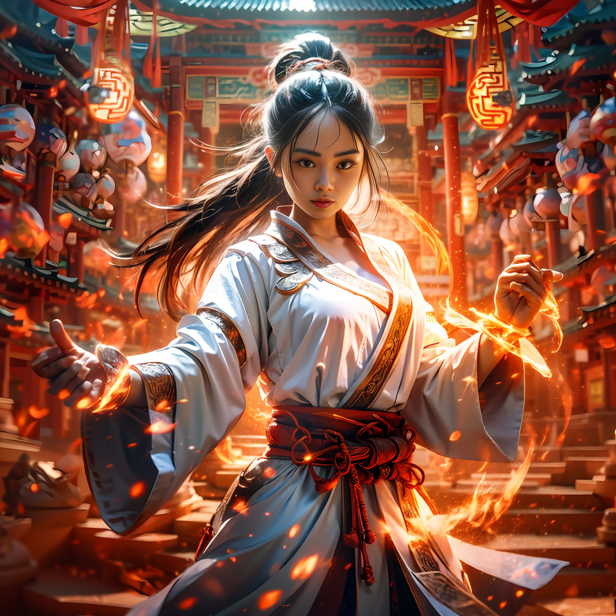 1girle, Ancient Chinese swordsman, Swords, There is a fire effect on the sword, A tiger phantom composed of flames appears behind the girl, Dashing posture, There are four fingers and a thumb on each palm, Surrealism, depth of field, ray tracing, projected inset, pov, Ultra-Wide Angle, UHD, retina, masterpiece, textured skin, best quality, highres, 8k --auto --s2