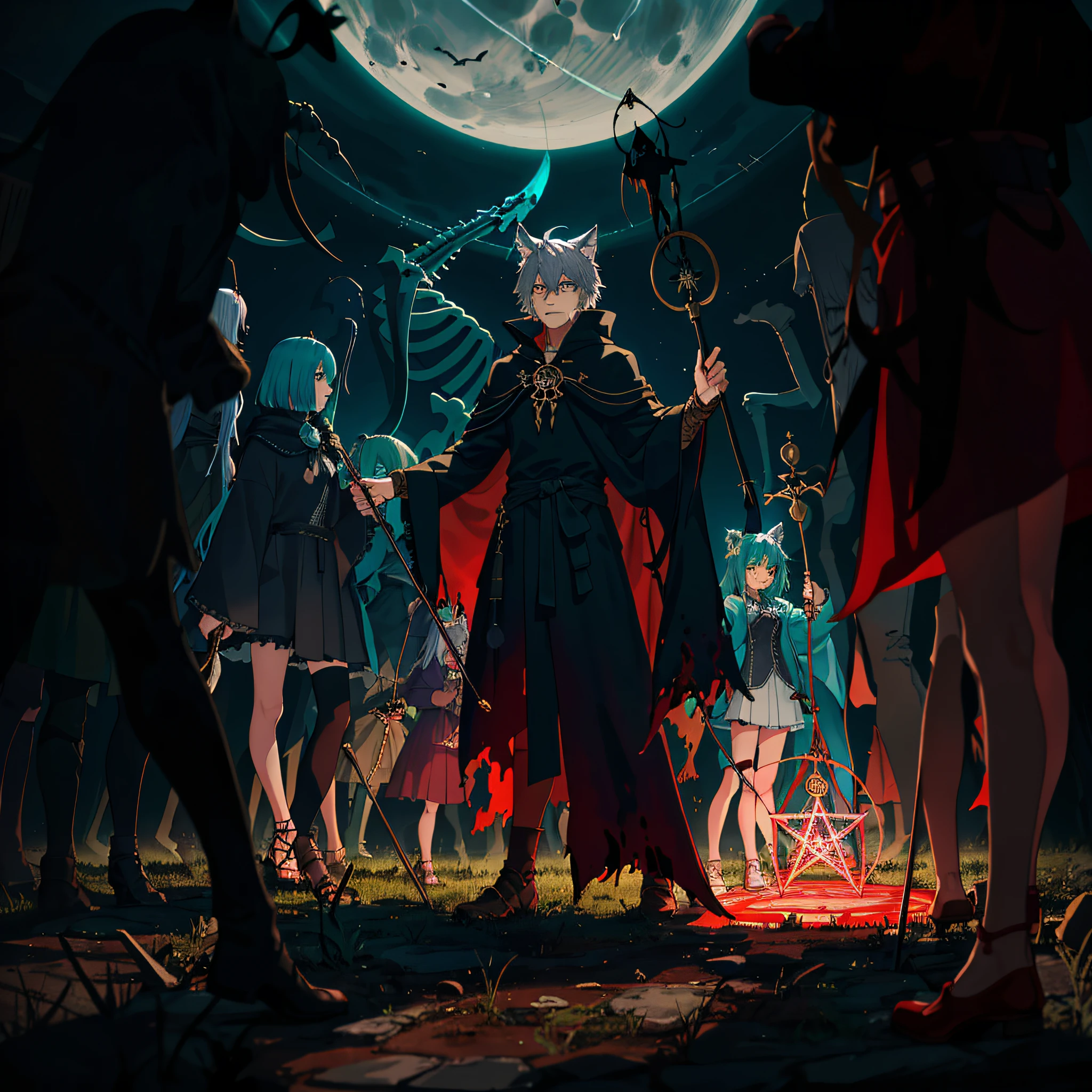 kemono:1.5,furry:1.5,muscular:1.5,detailed magic circle, ((cyan magic circle) on the ground),(ghoul and skeletons army),anthro (wolf), male, ((wolf face:1.2)), wolf,brown body,white belly, green eyes, wild, athletic, deatiled eyes, dark,black cloak,covered with (shroud), ((long loincloth, red Pattern: 1.2)), necromancer,necromancy,(undead),(dark, horror, scary:1.2),(creepy, eerie, spooky:1.2),blood gore,dead body,corpse,rotten,(fog, mist, haze:1.0),(ghost, spirit, apparition:1.2),long sleeves, wide sleeves,((green magic circle) on the ground),magic,Unknown Horror, Arcane, Magic Surround, Magic Surround, Wand,will-o'-the-wisp , (ghost flying in the Sky), Omniscience, dark Magic, Warlock, Pentagram, Spells, Chant Magic, (((holding cane)), (long skeleton cane)),black headwear,(shadow, silhouette, backlight:1.1),(glimmer, shine, sparkle:1.0),(green fire:1.2 ),dark fantasy,evil,cape,(graveyard), blood on face, blood rain, (depth of field), high contrast, (blood splatter), dim,dark, hd, dark shadows,cinematic, unrealistic, wide dynamic range, hdr, low light:1.2, by Pino Daeni, (by ruaidri), by virtyalfobo