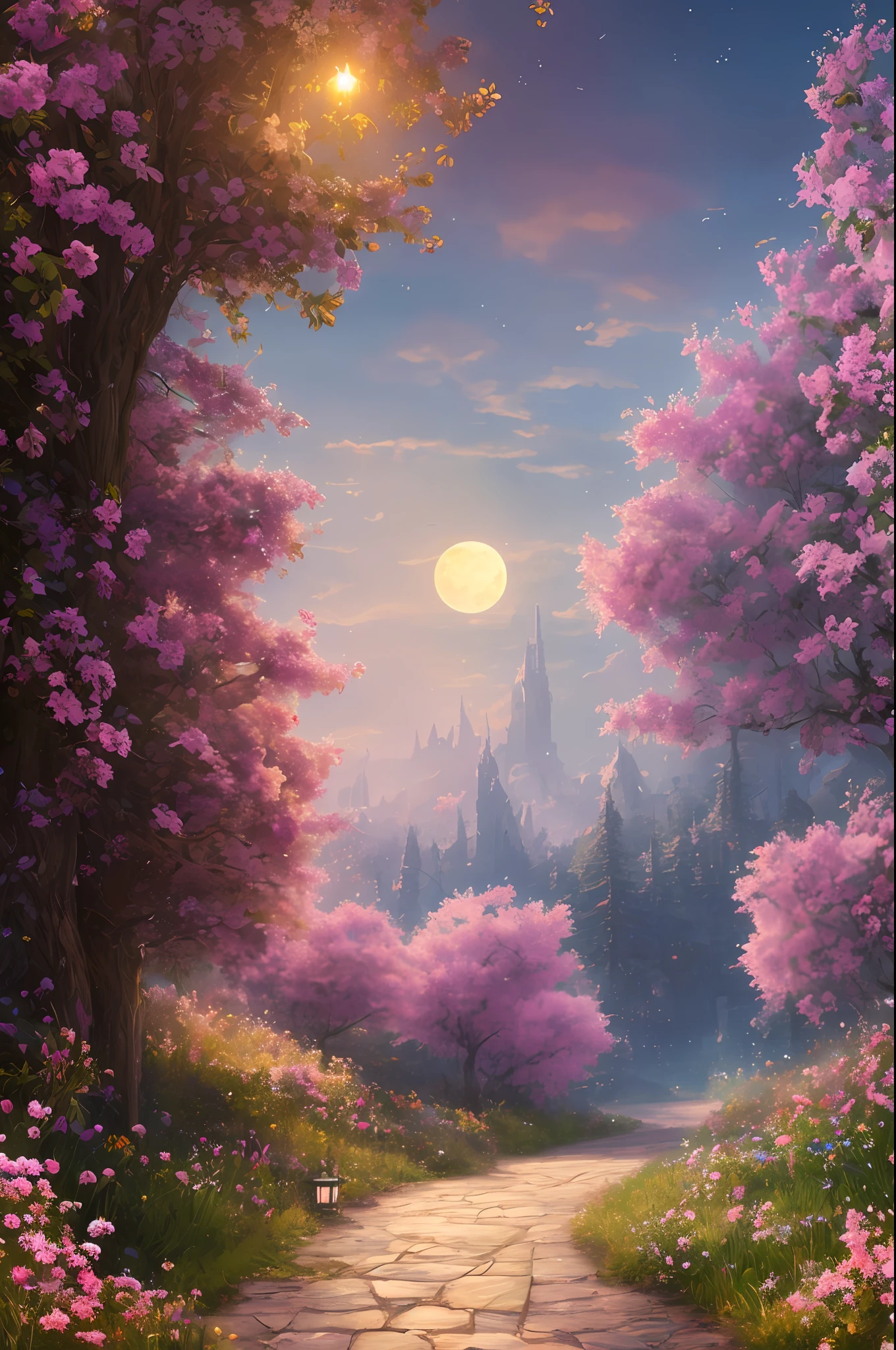 masterpiece, best quality, high quality, extremely detailed 8k wallpaper of CG unit, a charming and dreamy scene of a full moon, middle to a field of flowers, artistic station, digital illustration, intricate, trend, pastel colors, oil painting, award-winning photography, Bokeh, depth of field, HDR, flower, chromatic aberration, photorealistic, extremely detailed, trend in artstation, trend in CGsociety, intricate, high detail, dramatic, art in the middle of the journey