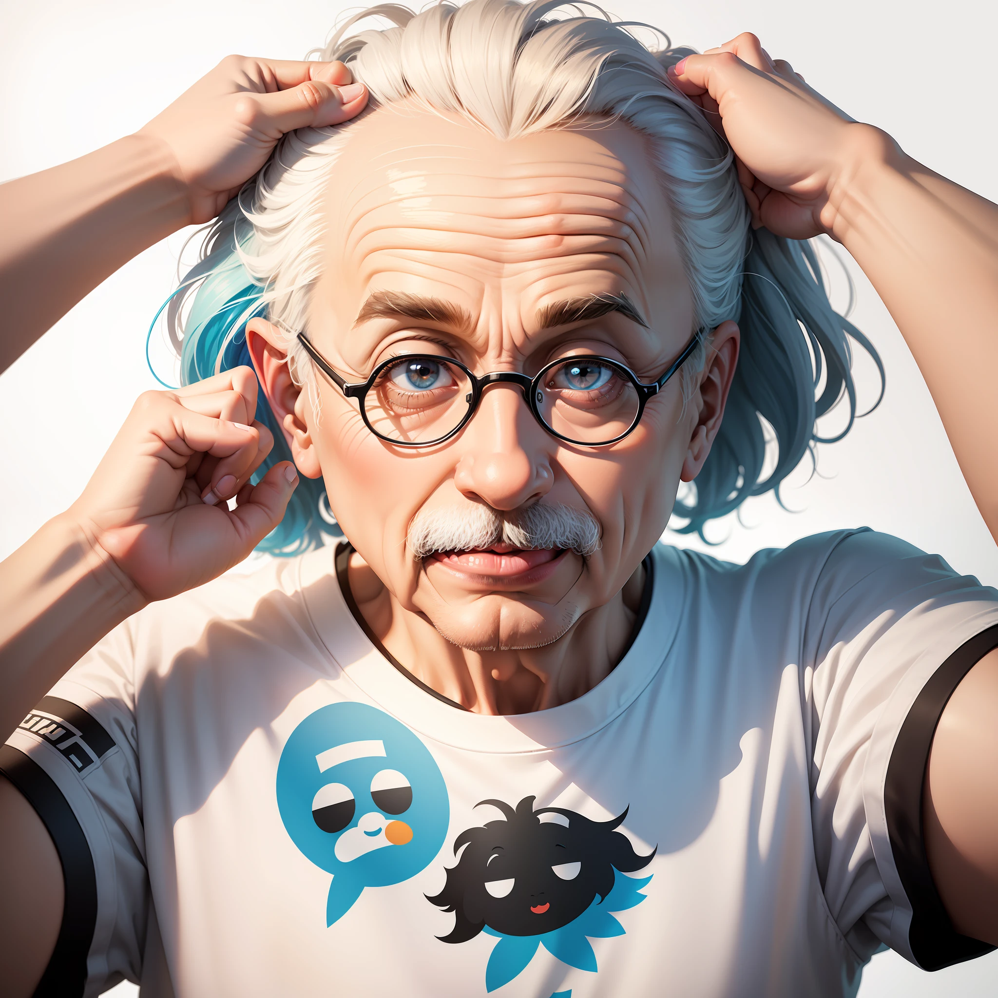 artwork of t-shirt graphic design, flat design of one retro, Albert Einstein face mostrando a lingua, colorful shades, highly detailed clean, vector image, photorealistic masterpiece, professional photography, flat white background, isometric, vibrant vector ((white background))