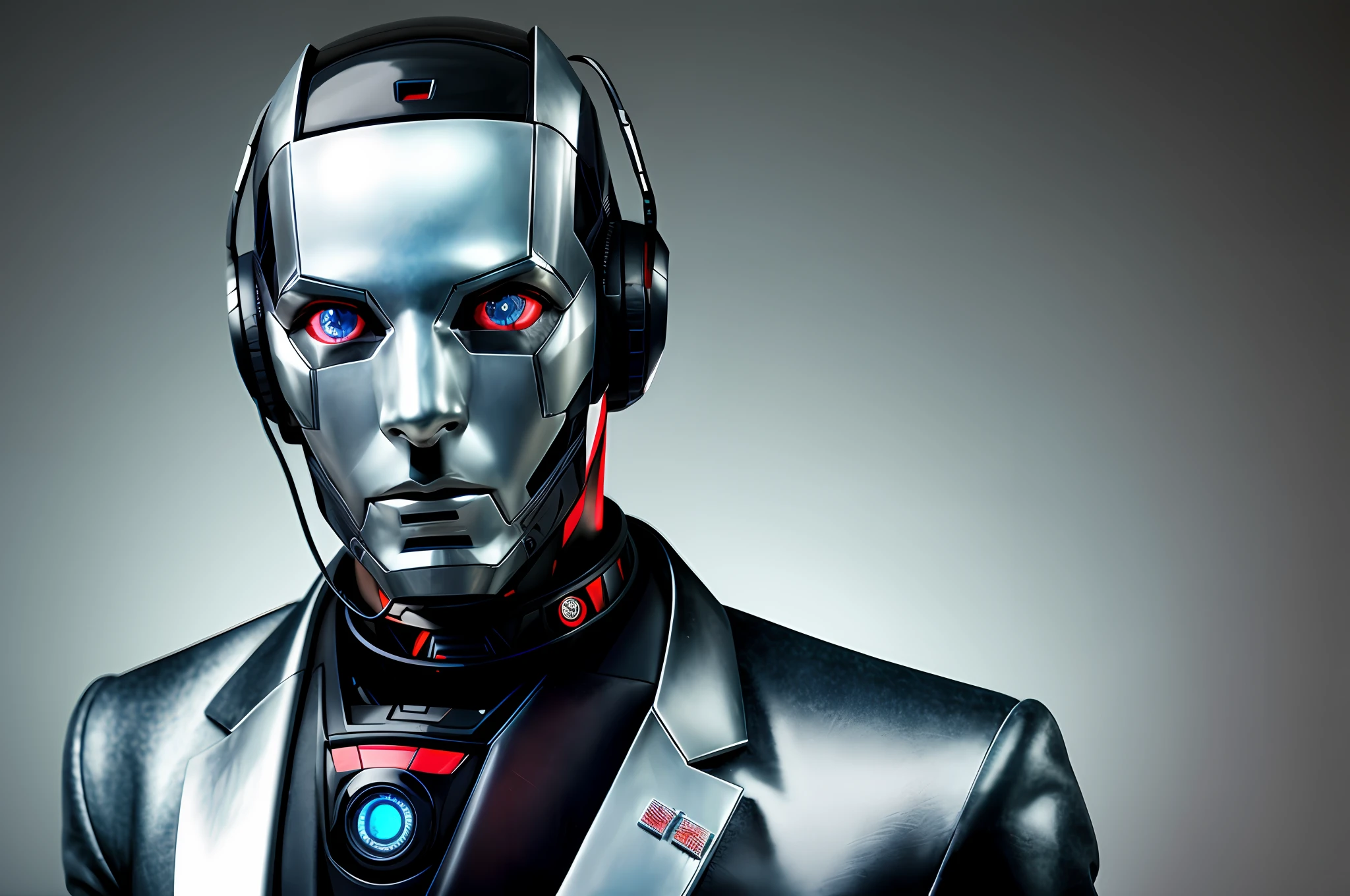 modelshot style, a portrait of robot man wearing announcer outfit, with friendly face, closed mouth blue eyes
