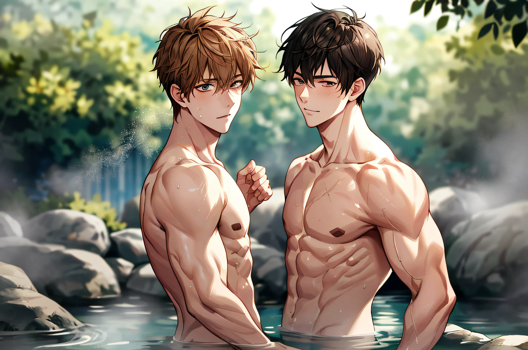 2boys, naked, completely nude, muscular, handsome, outdoor, bathing with steam, hot spring, onsen, sweat,  look at viewer, depth of field, bokeh,  detailed background, detailed lighting, diffused natural sunlight, diffused natural skin glow, symmetry eyes