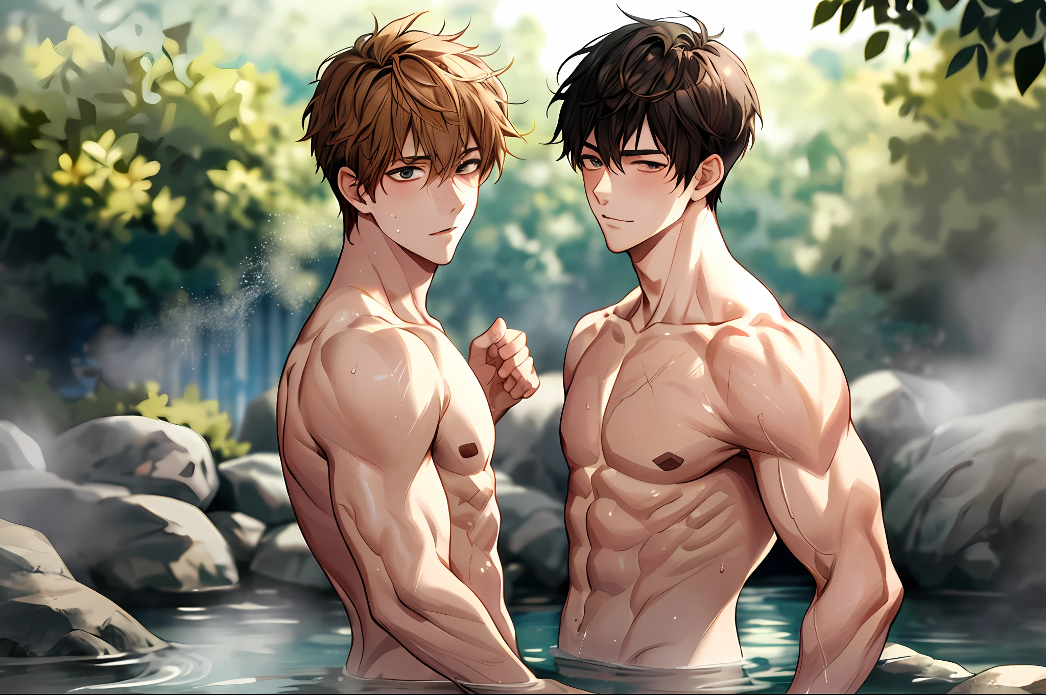 2boys, naked, completely nude, muscular, handsome, outdoor, bathing with steam, hot spring, onsen, sweat, look at viewer, depth of field, bokeh, detailed background, detailed lighting, diffused natural sunlight, diffused natural skin glow, symmetry eyes