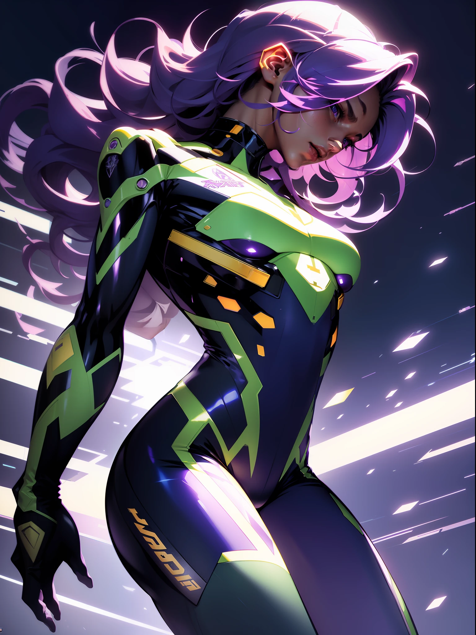((Best quality)), ((masterpiece)), (detailed: 1.4), (Absurd), perfect face, Fighter pilot hot Latina woman ready for war, dark skin, lightning and lightning, muscular sculptural body defined, Wolverine mask, ((((full body)))), half-thick naked thighs, closed mouth, muscular body covered in green technological clothing, Neon Genesis Evangelion style, cyberpunk, generous neckline, ((perfect small breasts)), (lilac eyes),  ((totally purple clothing with golden rays)), (((short dark purple straight hair)))), long black eyelashes heavy makeup, garter belt, niji --V5, close to real, psychopath, crazy face, sexy pose, red and white background, 2 pieces clothing, centered, scale to fit dimensions, HDR (High Dynamic Range),Ray Tracing,NVIDIA RTX,Super-Resolution,Unreal 5,Subsurface dispersion,  PBR Texture, Post-processing, Anisotropic filtering, Depth of field, Maximum clarity and sharpness, Multilayer textures, Albedo and specular maps, Surface shading, Accurate simulation of light-material interaction, Perfect proportions, Octane Render, Two-tone lighting, Wide aperture, Low ISO, White balance, Rule of thirds, 8K RAW, crysisnanosuit
