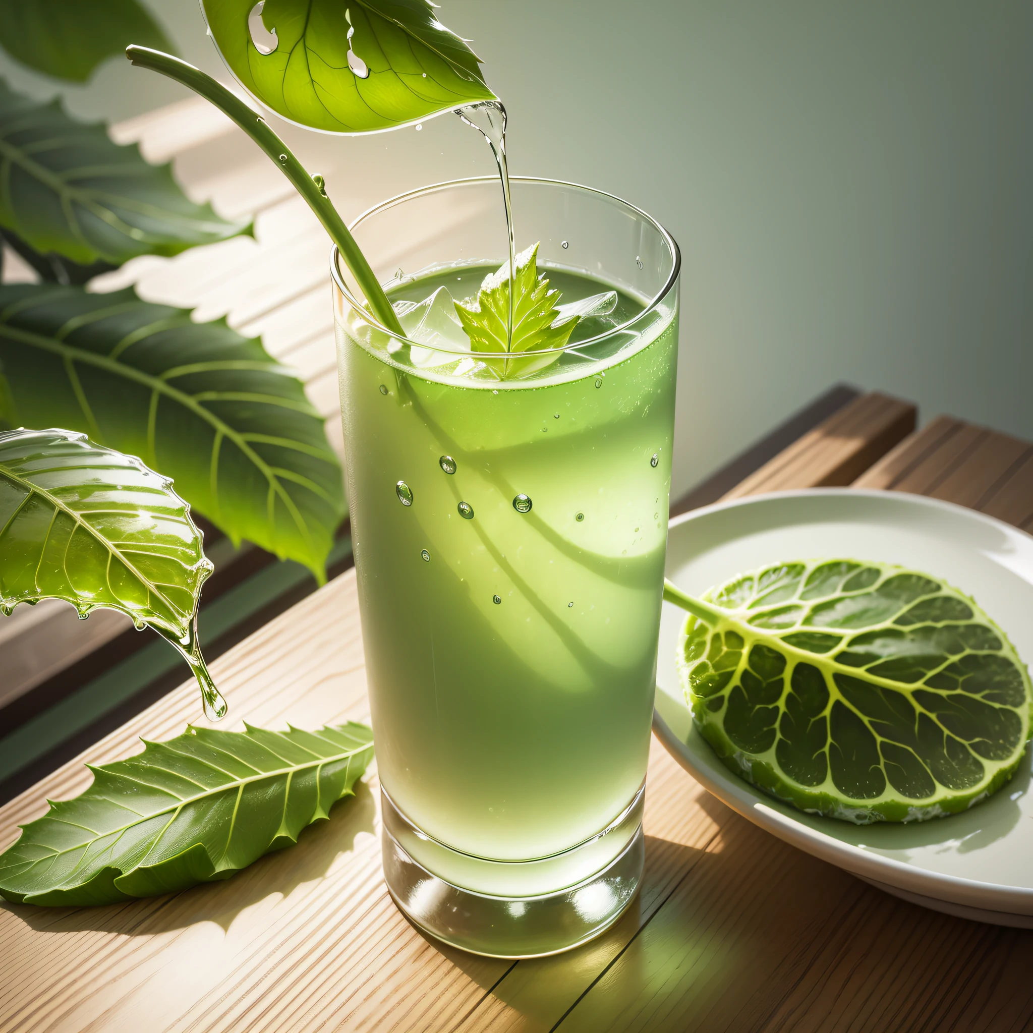 Let a drop of aloevera leaf drain into a glass, cocktail glass, natural aloevera drink, brand logo, perfectly designed --auto --s2
