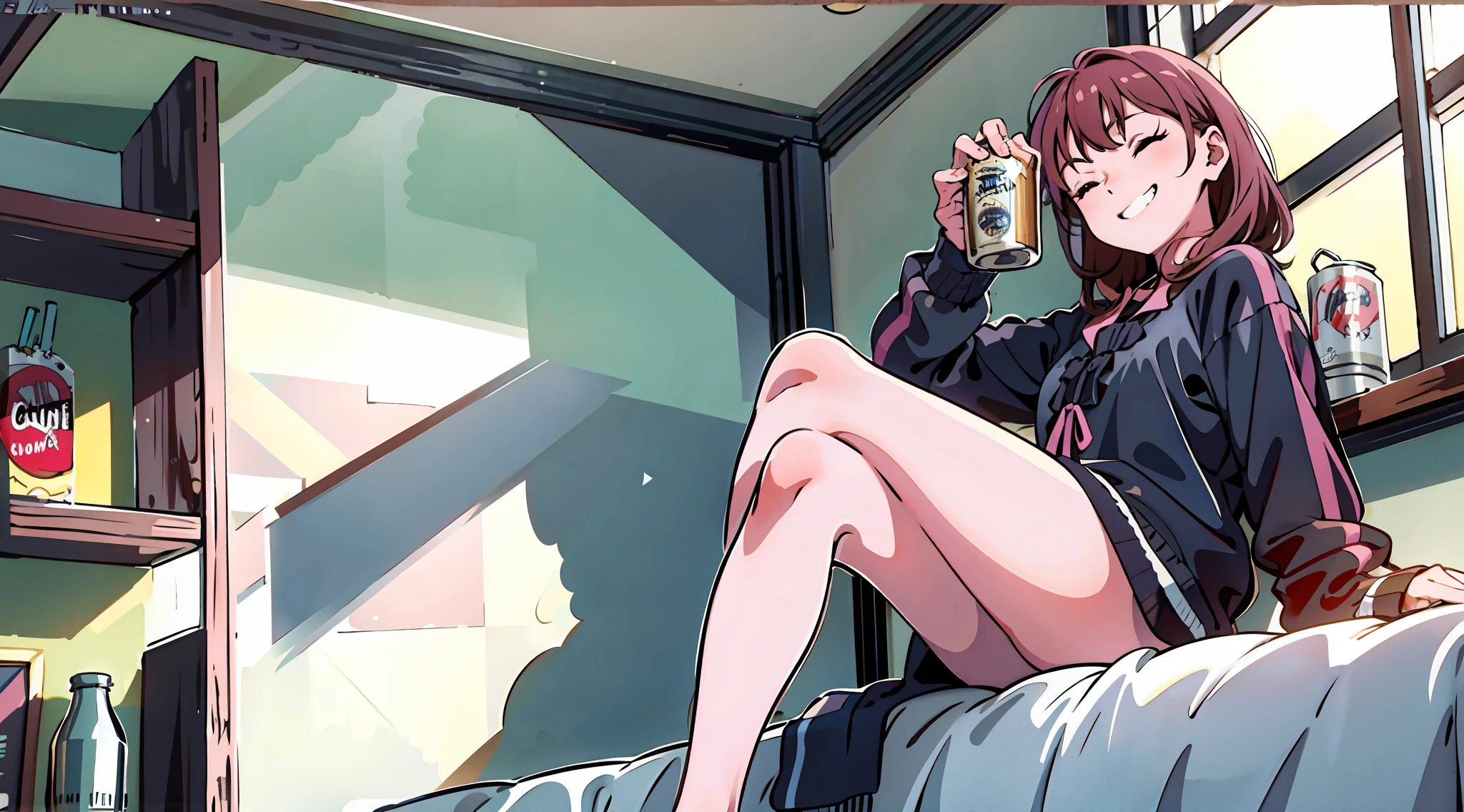 Top quality, high_resolution, distinct_image, detailed background, Dutch angle, drunk, drunk, bedroom, window sill, anime, upper eyes, bare feet, slender figure, showing teeth and smiling (eyes closed), crossed legs, on bed, sitting with legs crossed, overhead view, beer can, children's room, night, dark hair, Black jersey (pink line), long black hair