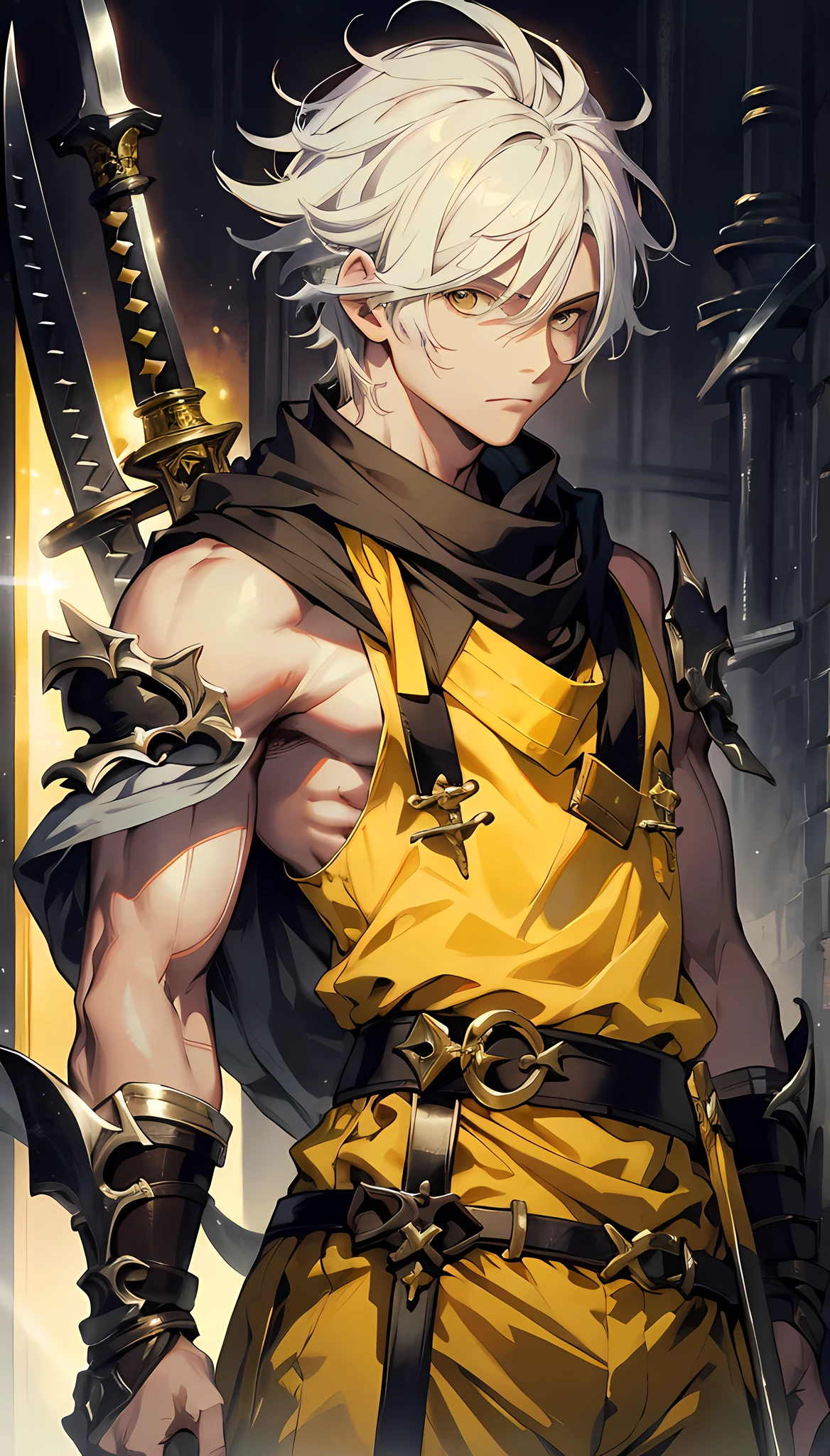 (absurdres, highres, ultra detailed), masterpiece, best quality, solo, a boy with white hair, ((yellow sleeveless outfit)), black scarf, carry two swords, from below, look down, dark background,