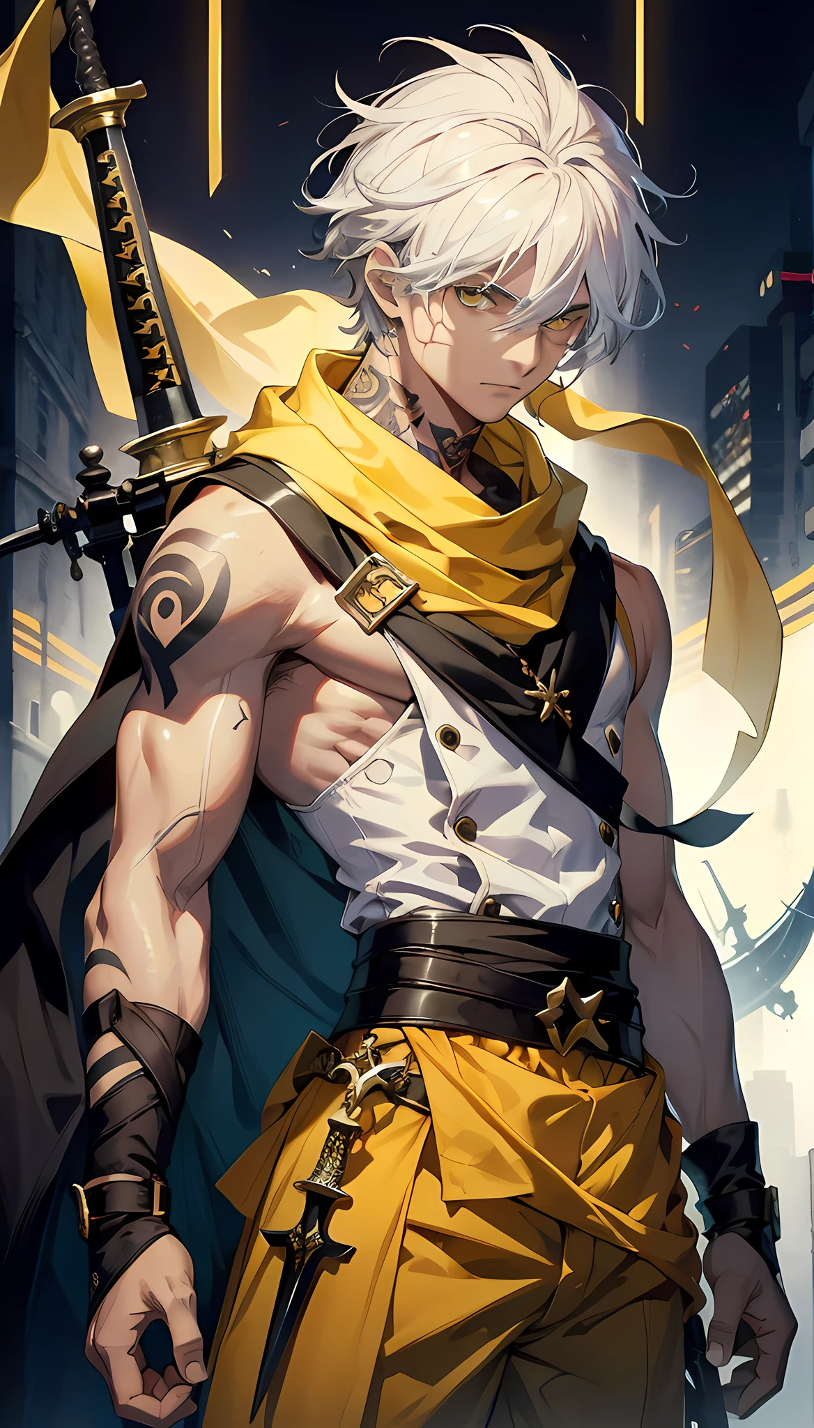 (absurdres, highres, ultra detailed), masterpiece, best quality, solo, a boy with white hair, ((yellow sleeveless outfit)), black scarf, carry two swords, tattoo, from below, look down, dark background,