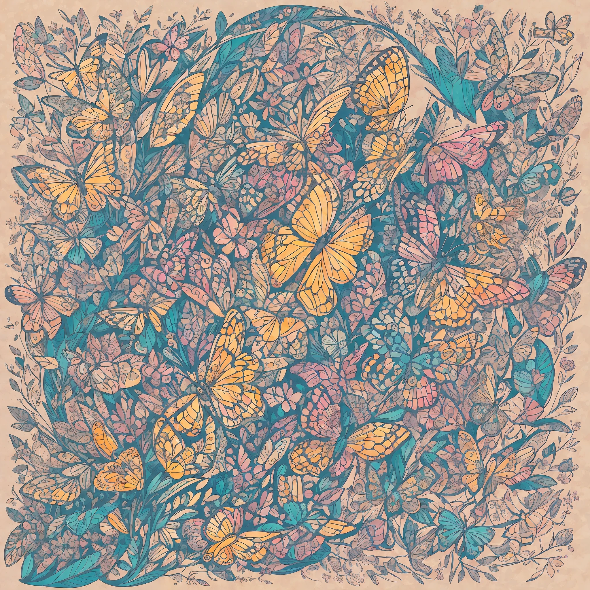 "The life of butterflies": Make a charming illustration in illustrative style, depicting different species of butterflies in a flowering garden. Use soft colors, curved lines, and delicate details to capture the lightness and beauty of these insects. --auto --s2