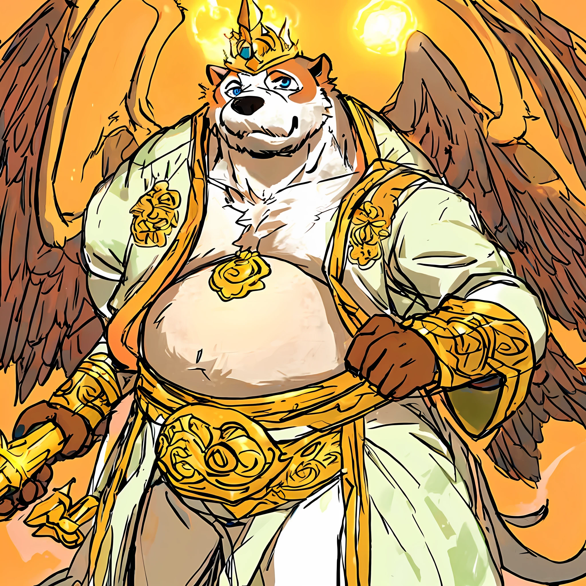 A pit bulldog cartoon with a big belly dressed in a lumens sage robe and a golden spear, light orange and white fluffy belly, fluffy chest with a pair of blue eyes, Tatsuya Yoshikawa style, exquisite clothing style, full body, wings of light growing on the back, furry art