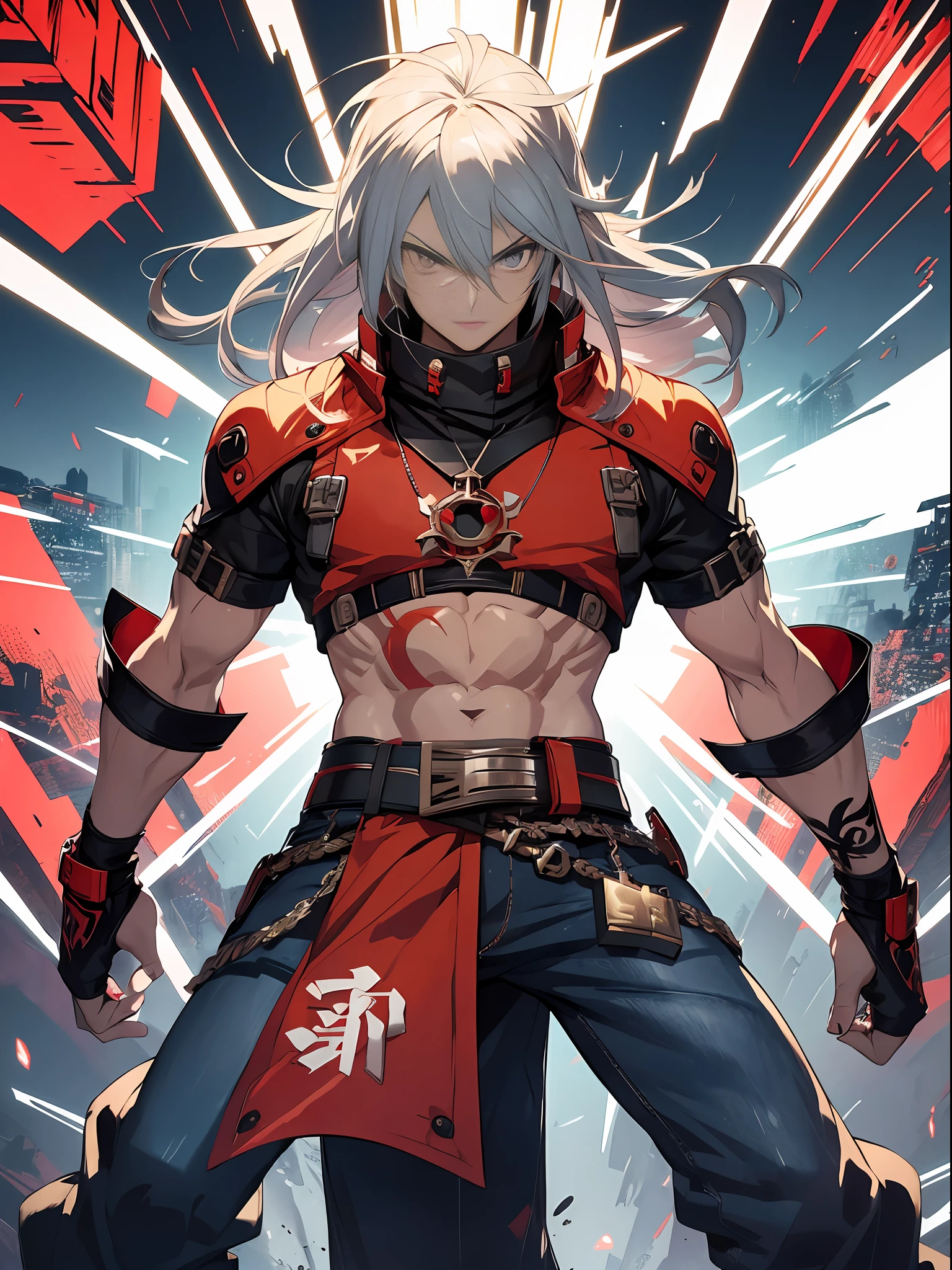 ultra furious futuristic male warrior with the power to destroy everything around him, arms with technological coverage in circular details super defined and ultra embossed details in tattoo style in the colors red, white, black in gradient style, steel rods on the back, jeans with tribal tattoo print,starter pose preparing for battle,  ultra colorful destroyed scenery, text, Japanese graffiti letters, perfect GUILTY GEAR -STRIVE style