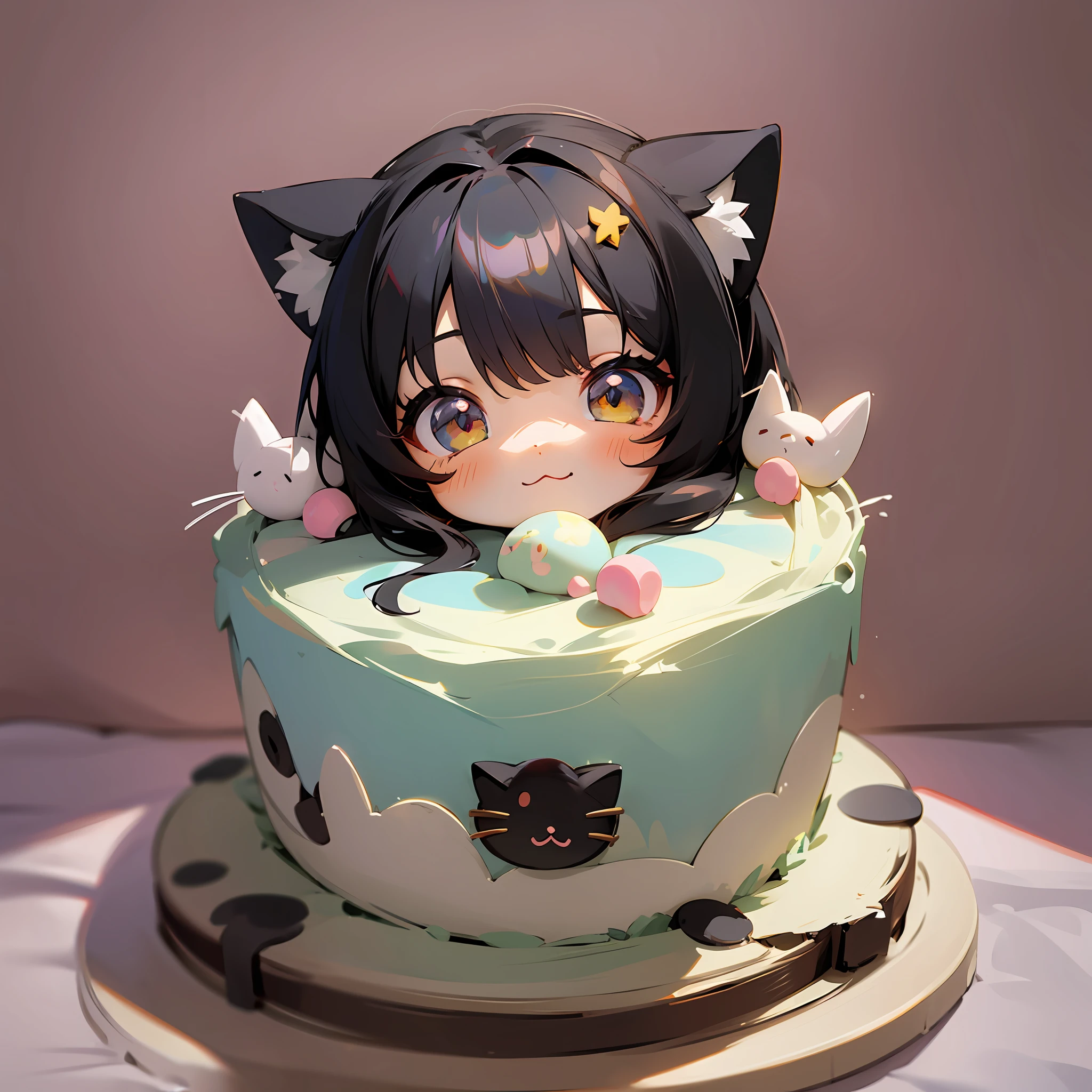 cute, a lovely chibi anime cat girl cake, black hair, cute girl face, --auto --s2