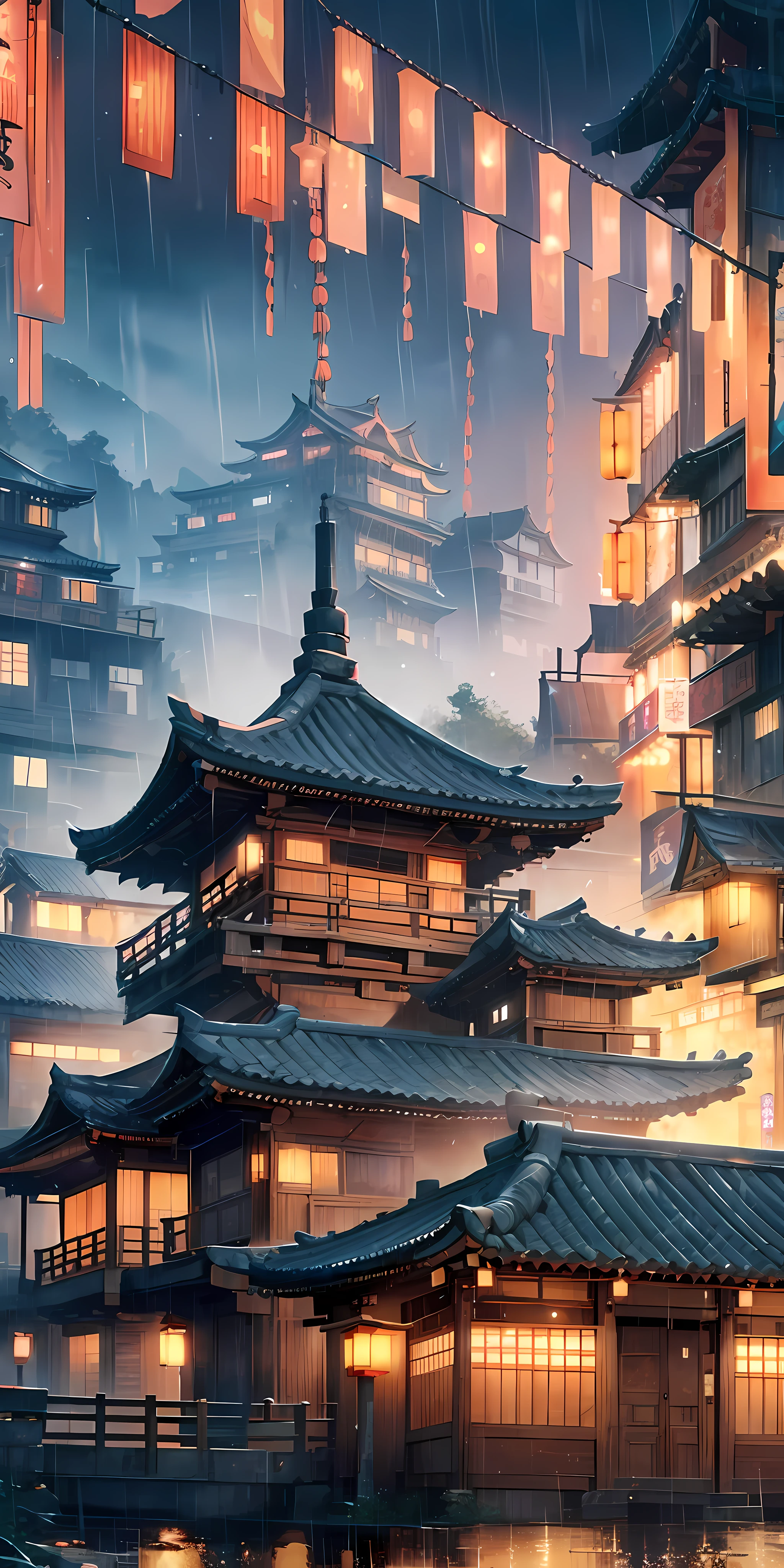 arafed view of a village with a lot of lights on the buildings, dreamy chinese town, chinese village, amazing wallpaper, japanese town, japanese village, hyper realistic photo of a town, old asian village, japanese city, by Raymond Han, rainy evening, cyberpunk chinese ancient castle, beautifully lit buildings, at evening during rain, beautiful and aesthetic, photography, cinematic, 8k, high detailed ((Heavy rain)))