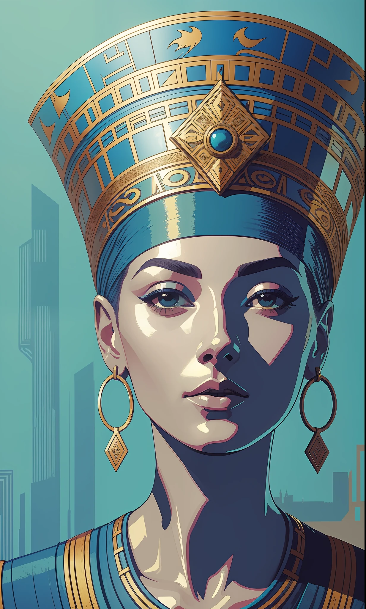 Queen Nefertiti, in the style of art nouveau influences, blue and majestic sky, frahm art, grandiose landscapes, tomek setowski, bold color palette, fan ho, cinematic alternative art, RyM, sharp focus, emitting diodes, smoke, artillery, system unit, motherboard, by pascal blanche rutkowski Repin painting of the art station detailed hyper-realism character design, 32k blade runner resolution, children story book style, muted colors --auto --s2