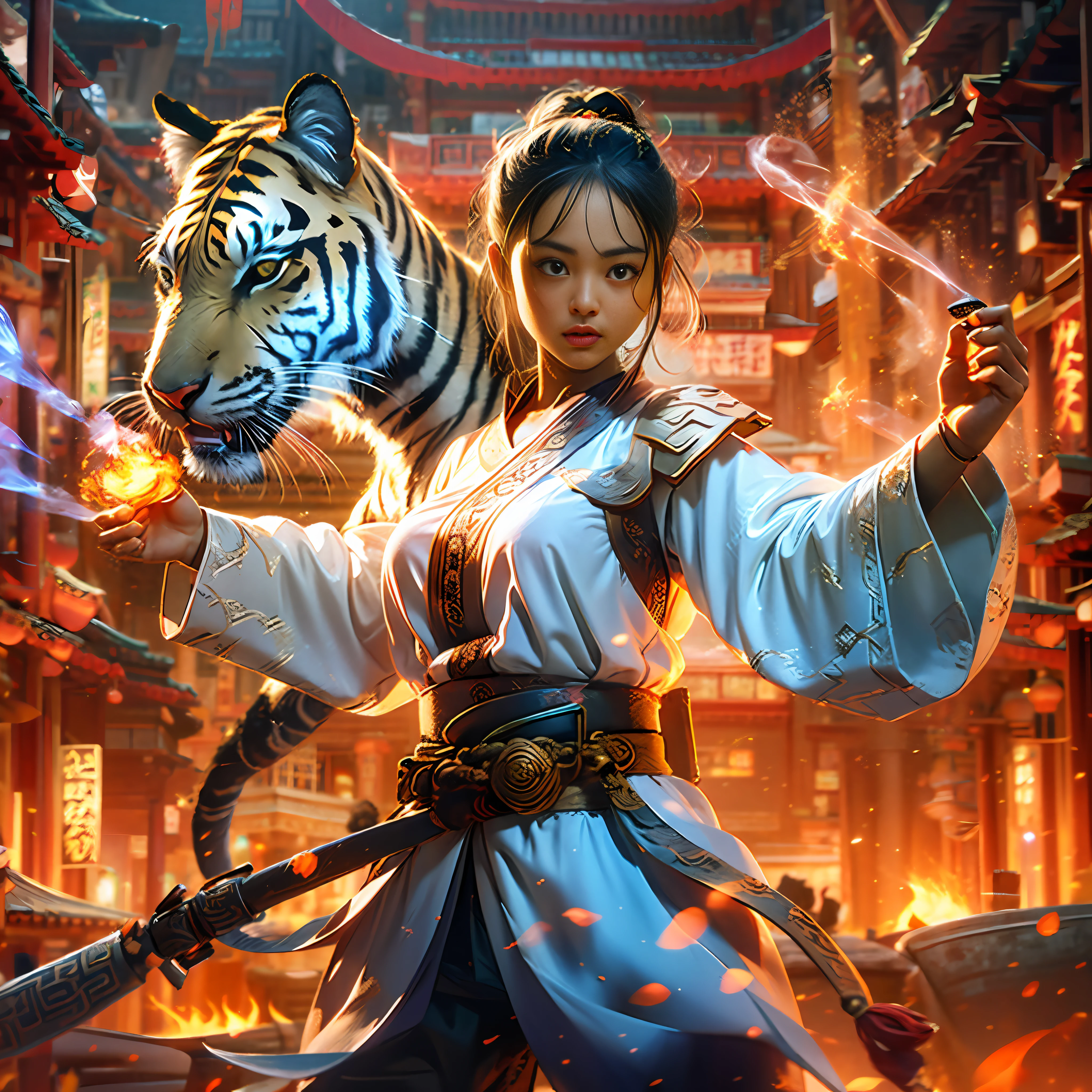 1girle, Ancient Chinese swordsman, Swords, There is a fire effect on the sword, A tiger phantom composed of flames appears behind the girl, Dashing posture, There are four fingers and a thumb on each palm, Surrealism, depth of field, ray tracing, projected inset, pov, Ultra-Wide Angle, UHD, retina, masterpiece, textured skin, best quality, highres, 8k --auto --s2