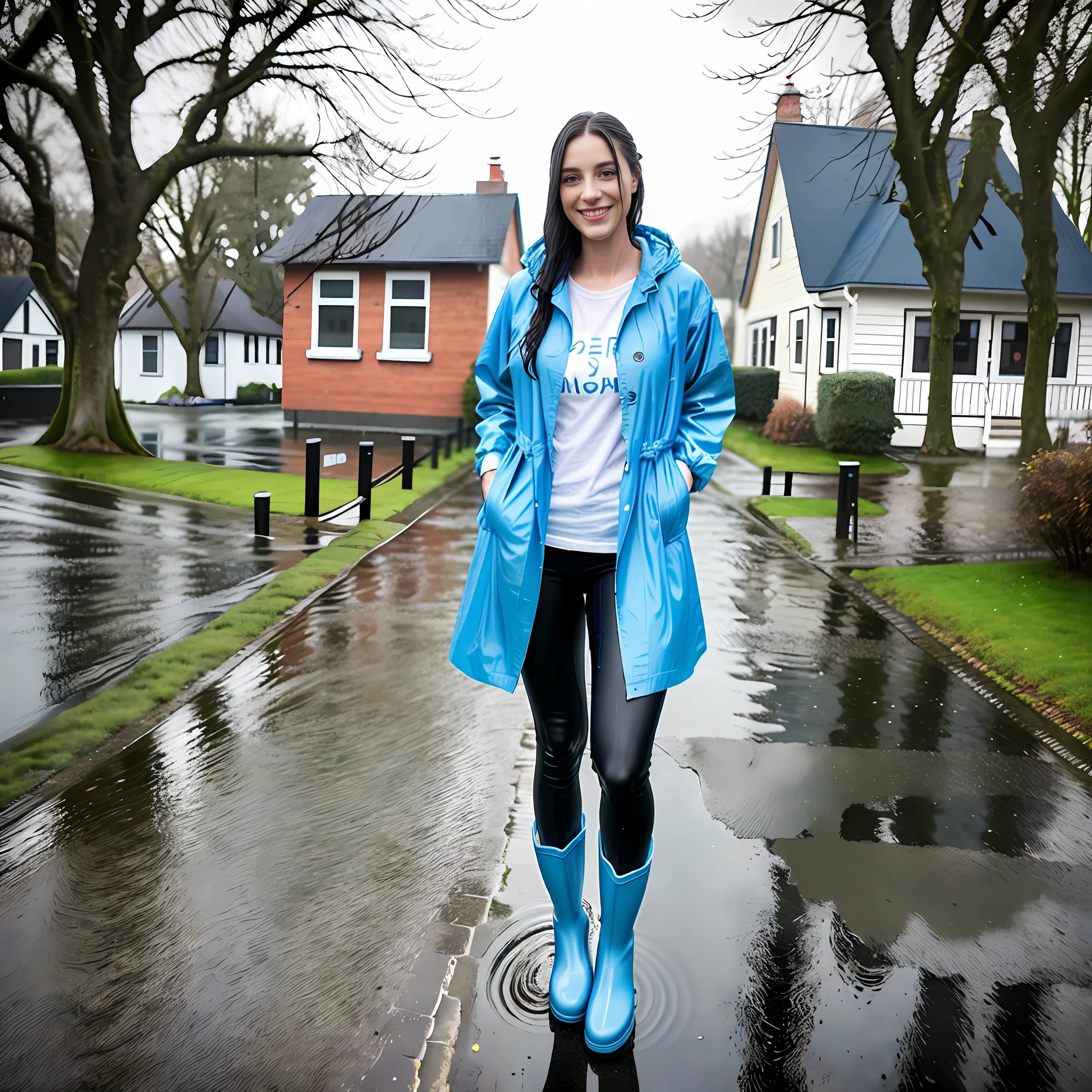 Woman, 28 years old, European, smiling, wearing a long blue raincoat, soaked wet cotton Tshirt, black leggings, blue Rain boots, photorealistic, masterpiece, streets, houses, trees, rain, water puddle, full body photo, 8k, ultradetailed, wet hair