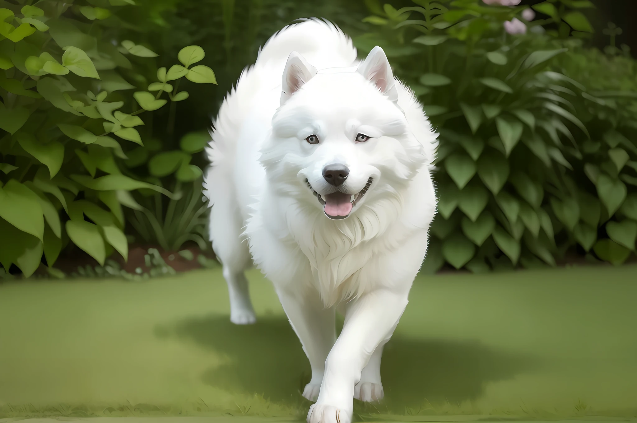 there is a white dog that is walking on a green surface, samoyed dog, happy finnish lapphund dog, realistic picture, realistic illustration, husky, a painting of white silver, princess 'kida' kidagakash, husky dog, handsome stunning realistic, adorable digital painting, cute dog, koda kazuma, digitally painted, a white wolf