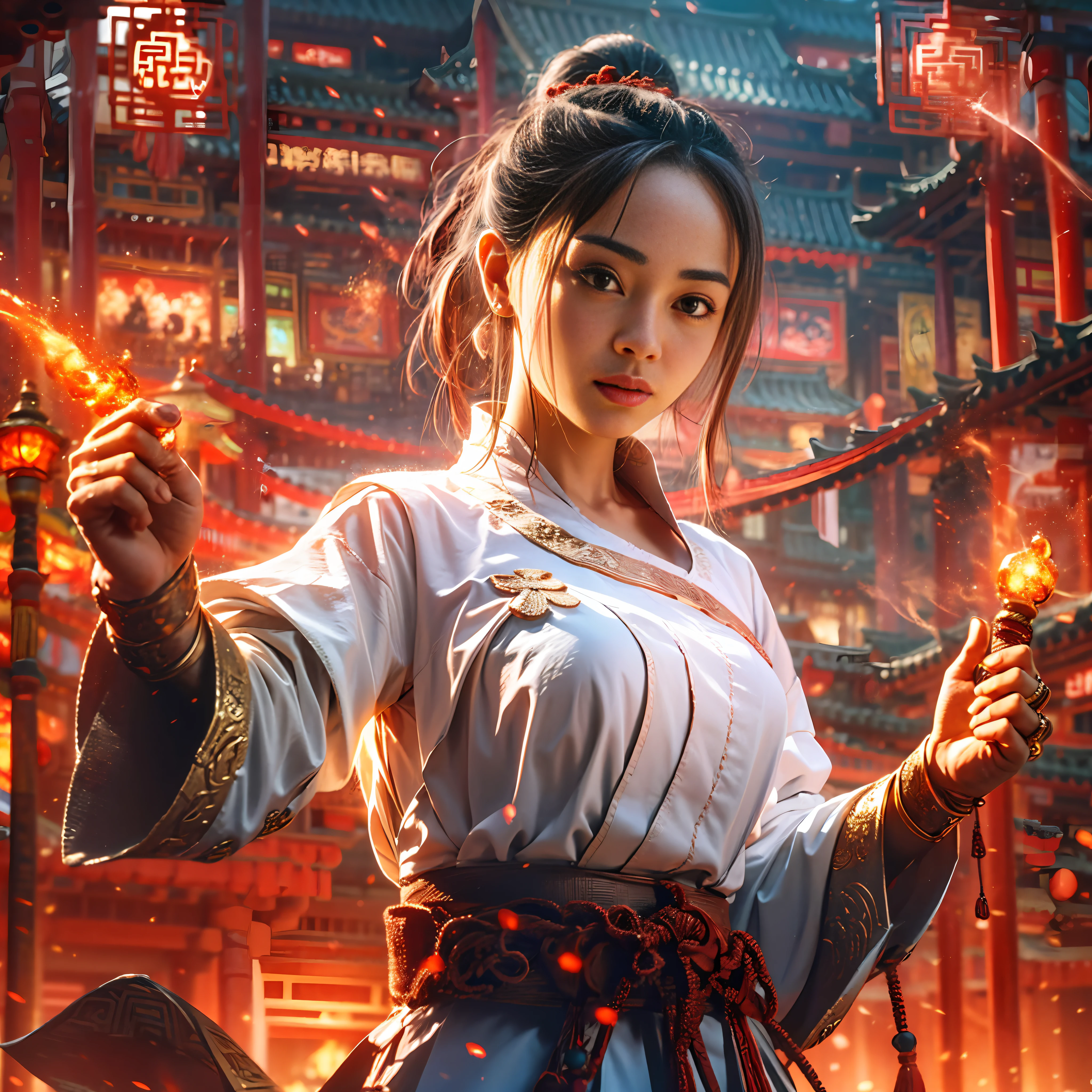 1girle, Ancient Chinese swordsman, Swords, There is a fire effect on the sword, A tiger phantom composed of flames appears behind the girl, Dashing posture, There are four fingers and a thumb on each palm, Surrealism, depth of field, ray tracing, projected inset, pov, Ultra-Wide Angle, UHD, retina, masterpiece, textured skin, best quality, highres, 8k --auto --s2