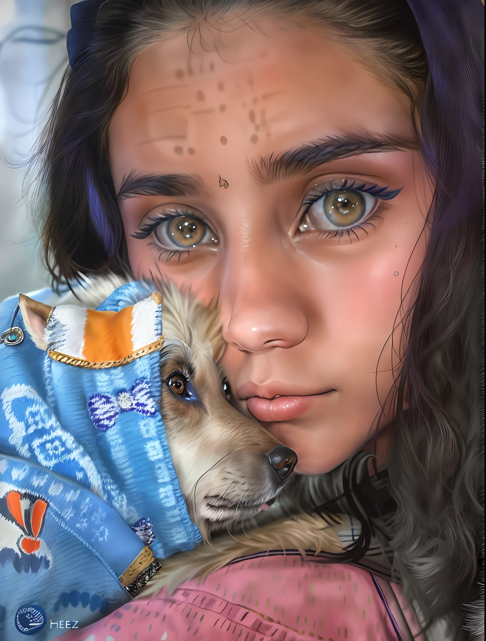 araffe with a blue blanket on her head and a dog in her arms, 1 , profile picture, by Amelia Peláez, 11 years olicture, very low quality photo, holding her yorkshire terrier, no makeup, she has tired eyes, she is about 11 years old, selfie ofile picture