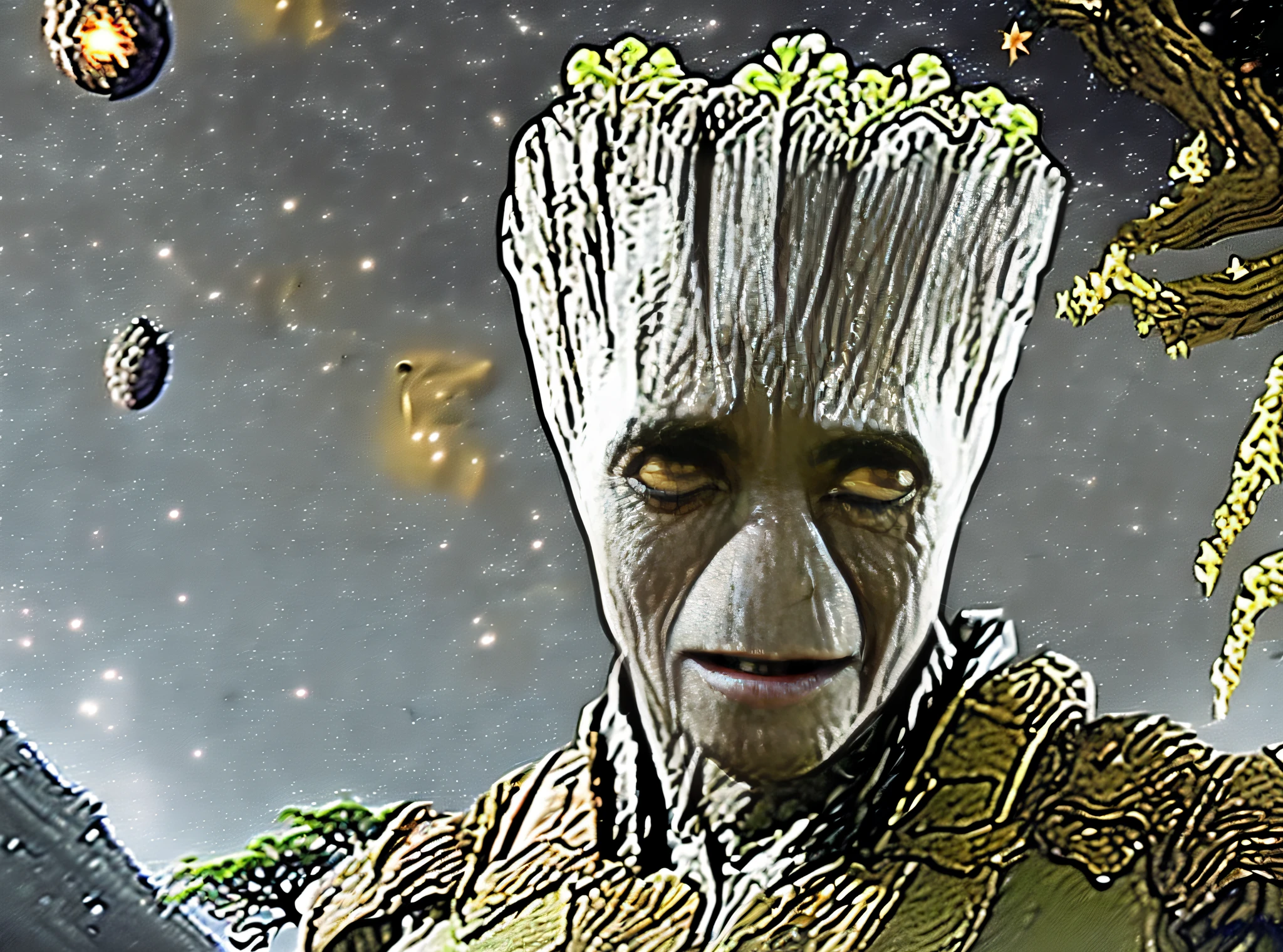 Masterpiece, (((Groot's close-up)), Galaxy background, 16K, high quality, (((Guardians of the Galaxy style)), Tree Beard, Oak Tree, Tree Smiles, Treant, Textless, Black Eyes, Moss grows in places, ((Tree Body)), (Black Cornea and Pupil on Yellow Conjunctiva), Photo of Groot, Sharp in Detail,