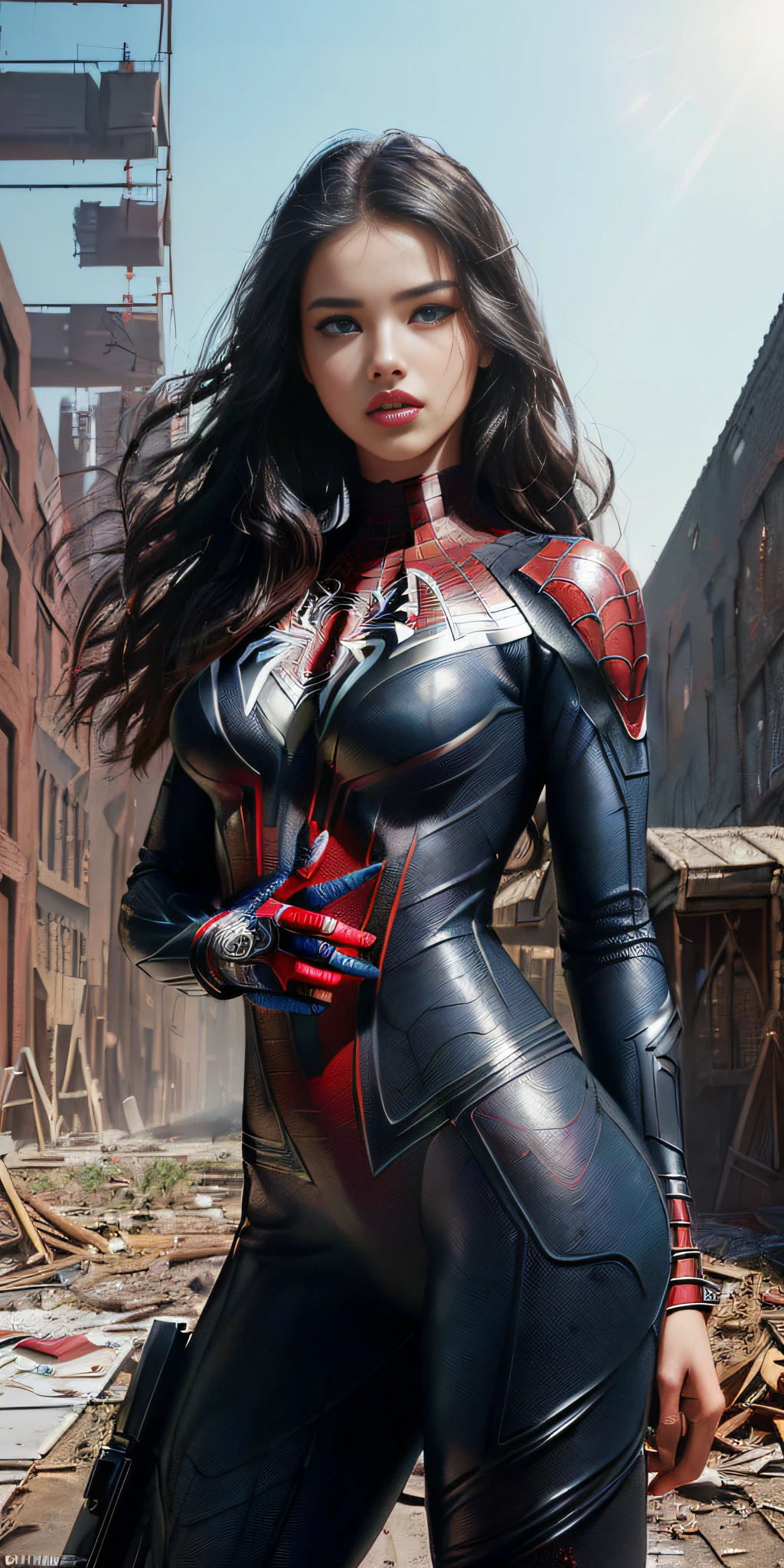 Adriana Lima Model, (1girl:1.3), solo, (((extremely detailed face))),(((extremely detailed eyes and face)),beautiful detailed eyes,body-parts__, official art, 8k unified wallpaper, super detailed, beautiful and aesthetic, beautiful, masterpiece, best quality, raw, masterpiece, super thin photo, best quality, super high resolution, photorealistic realism, sunlight, full body portrait, amazing beauty,, dynamic pose, delicate face, vibrant eyes, (from the front), she is wearing a Spider-Man suit, red and black color scheme, spider, very detailed abandoned warehouse background, detailed face, detailed complex busy background, messy, gorgeous, milky white, highly detailed skin, realistic skin details, visible pores, sharp focus, volumetric mist, 8k uhd, DSLR, high quality, film grain, Light skin, photographic realism, lomography, huge metropolis in future dystopia, seen from below, translucent