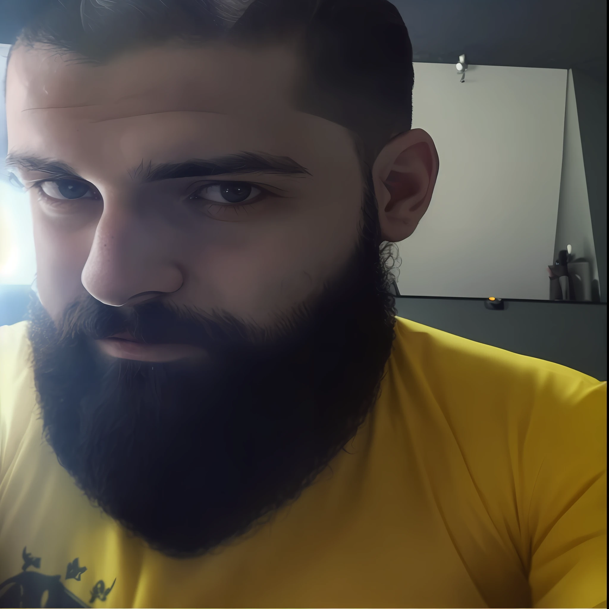 There is a man with a beard and a yellow shirt, full beard, 8K selfie photography, bearded man, with a small beard, with a full black beard, very low quality image, Twitch streamer/gamer Ludwig, shaved beard, about 27 years old, clean beard, some beard, trimmed beard, thick beard,natural beard