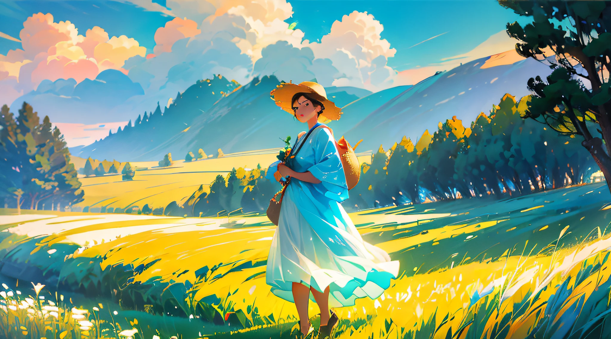 A farmer uncle with a straw hat stands in a wheat field, the sky occupies two-thirds of the picture, big clouds, blue sky, rice fields, neat rice seedlings in the field, forest, hillside, secluded, countryside, HD detail, hyperdetail, cinematic, surrealism, soft light, deep field focus bokeh, ray tracing and surrealism. --v6